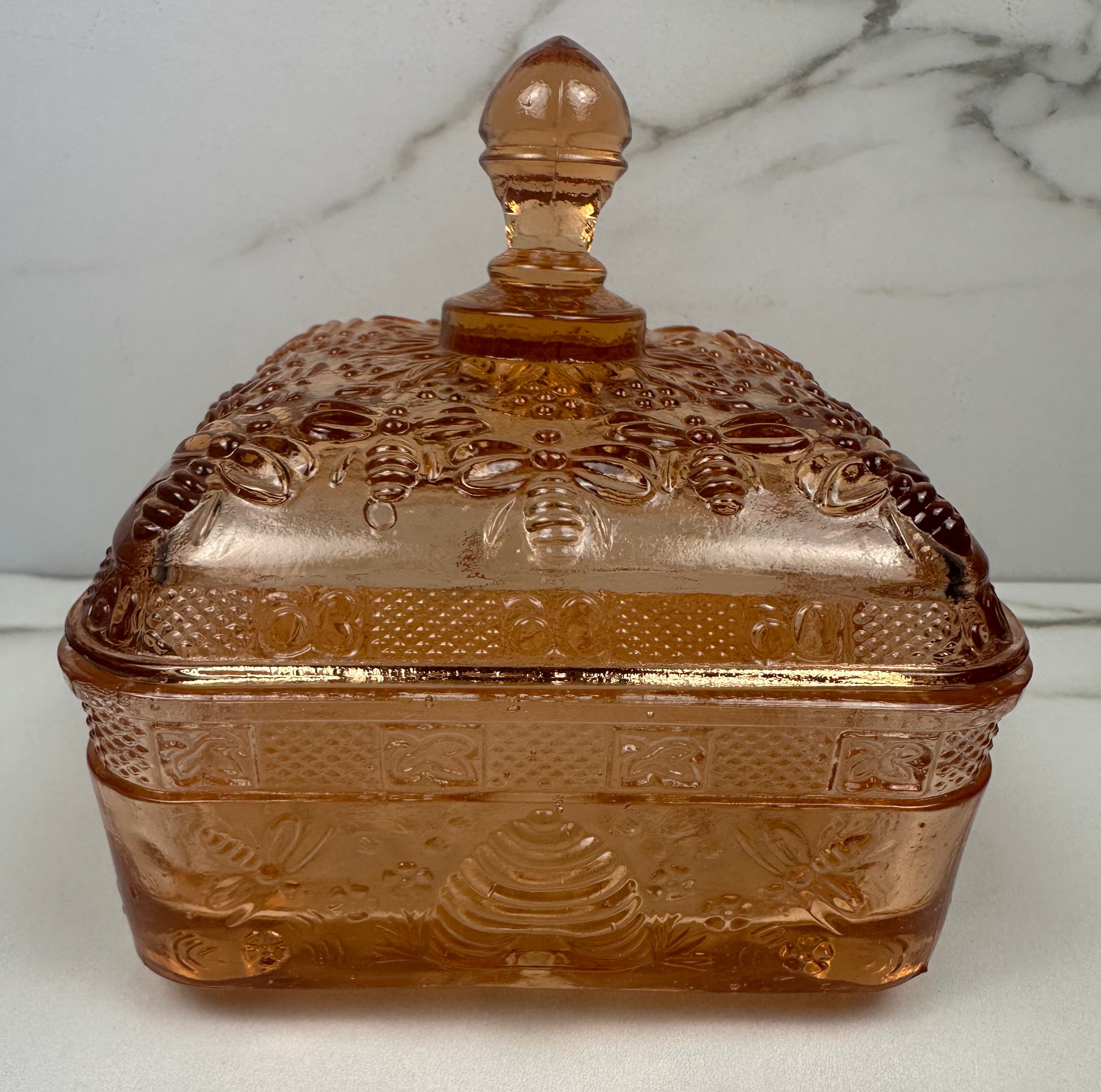 Pink Glass Honey Bee Square Candy Dish - Indiana Glass Company | Circa 1970-1990