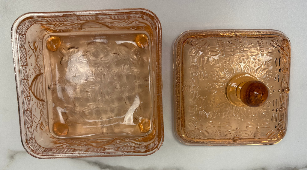 Pink Glass Honey Bee Square Candy Dish - Indiana Glass Company | Circa 1970-1990