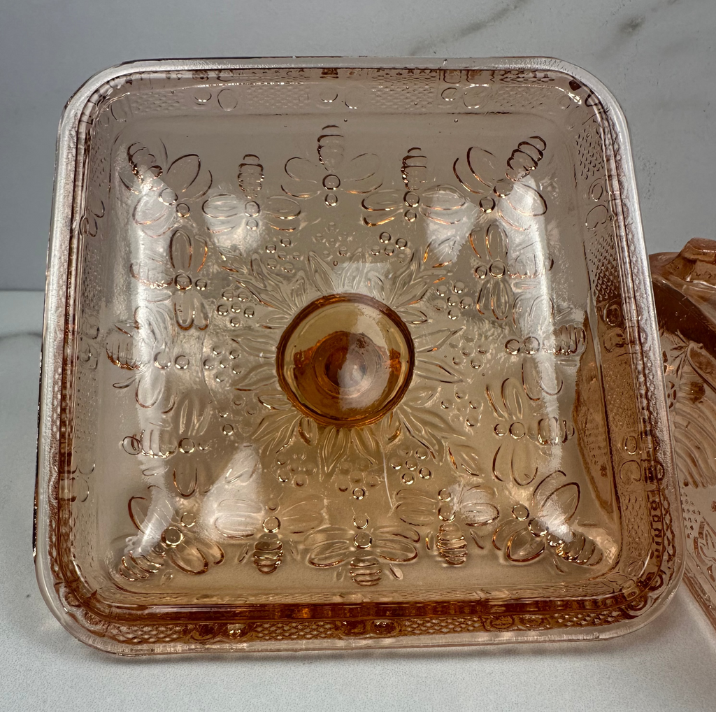 Pink Glass Honey Bee Square Candy Dish - Indiana Glass Company | Circa 1970-1990