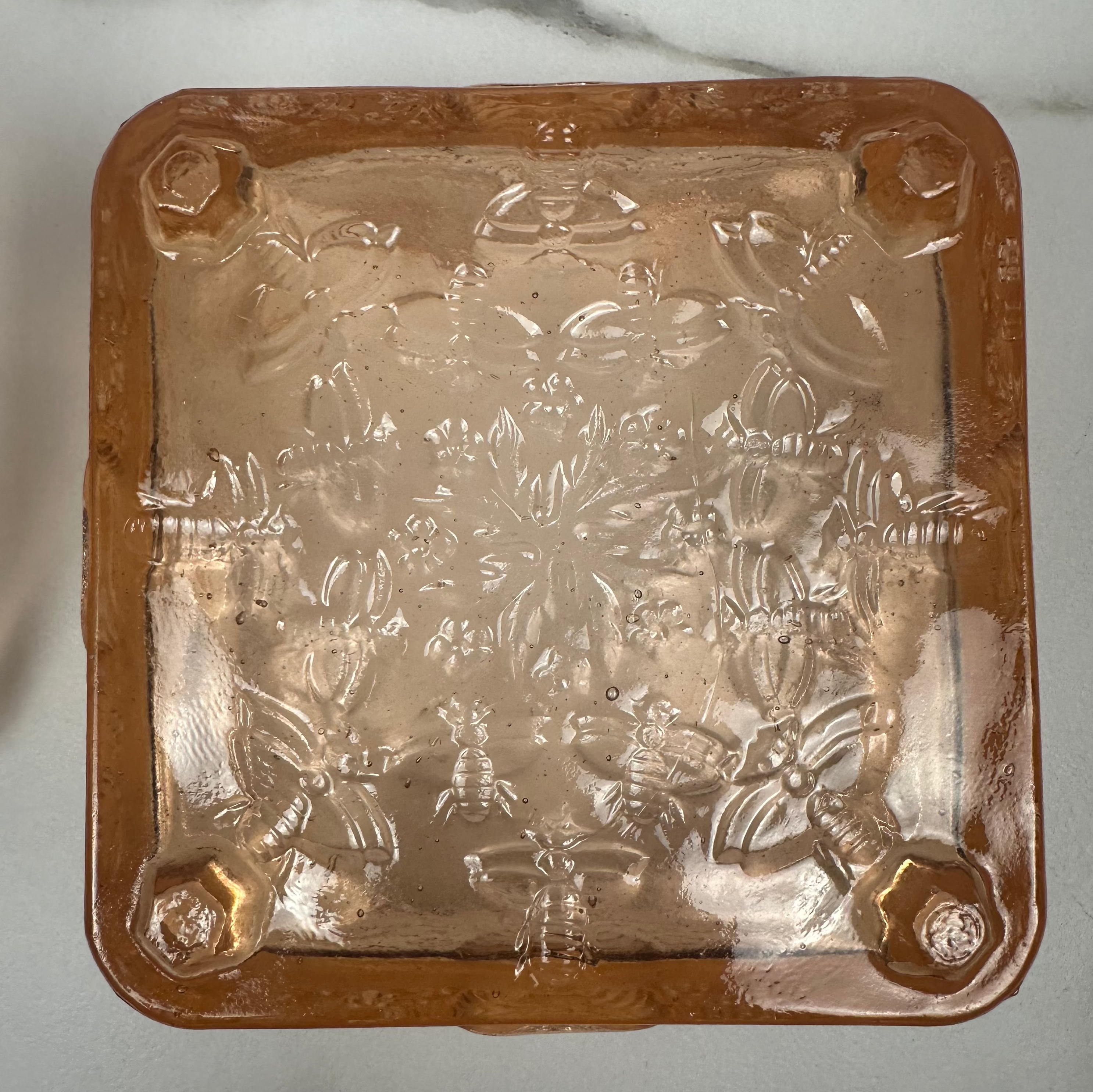 Pink Glass Honey Bee Square Candy Dish - Indiana Glass Company | Circa 1970-1990