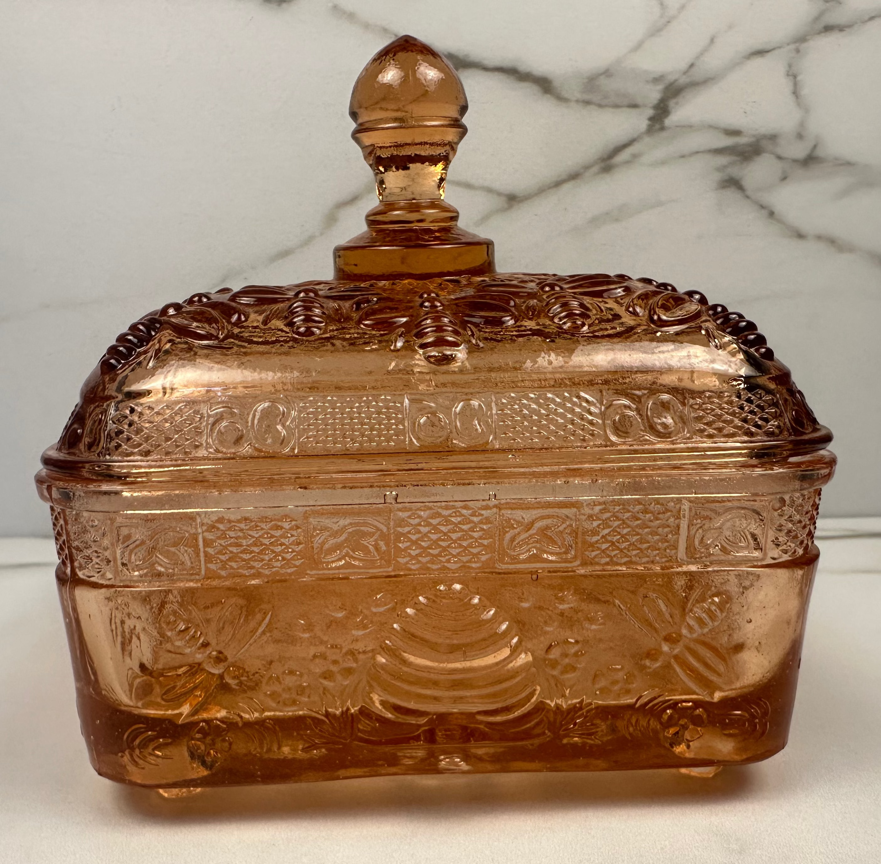 Pink Glass Honey Bee Square Candy Dish - Indiana Glass Company | Circa 1970-1990