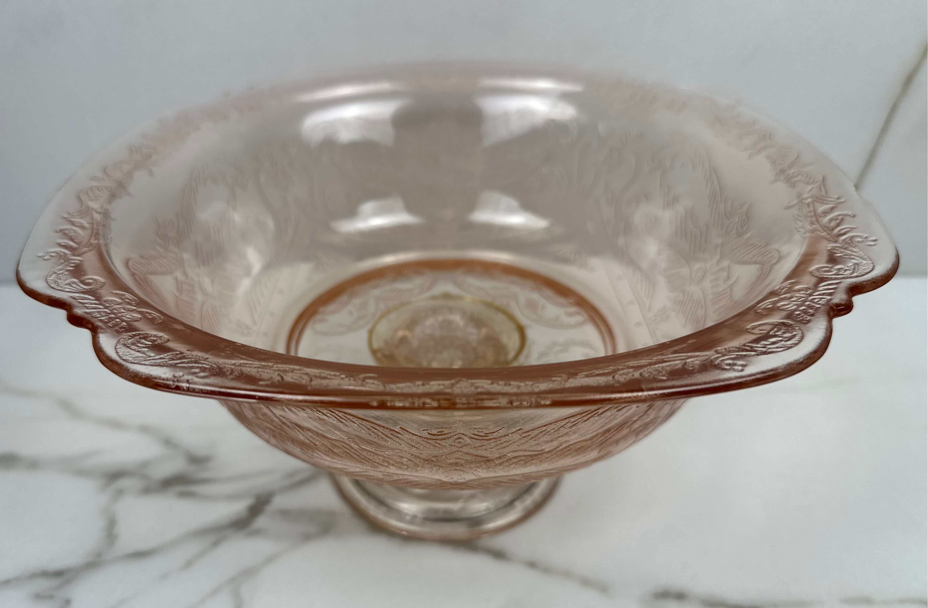 Pink Depression Glass Pedestal Bowl -  “Madrid” Jeannette Glass  | Circa 1932-1939