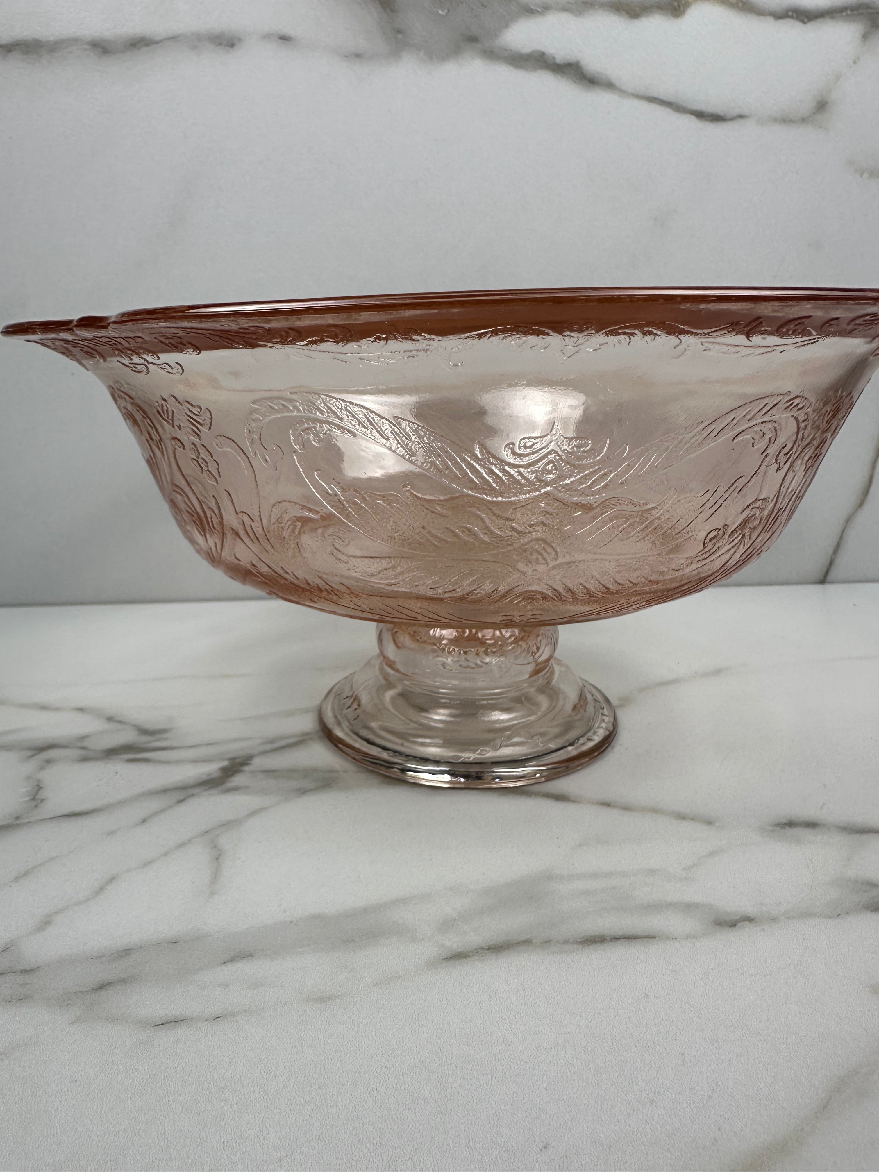 Pink Depression Glass Pedestal Bowl -  “Madrid” Jeannette Glass  | Circa 1932-1939