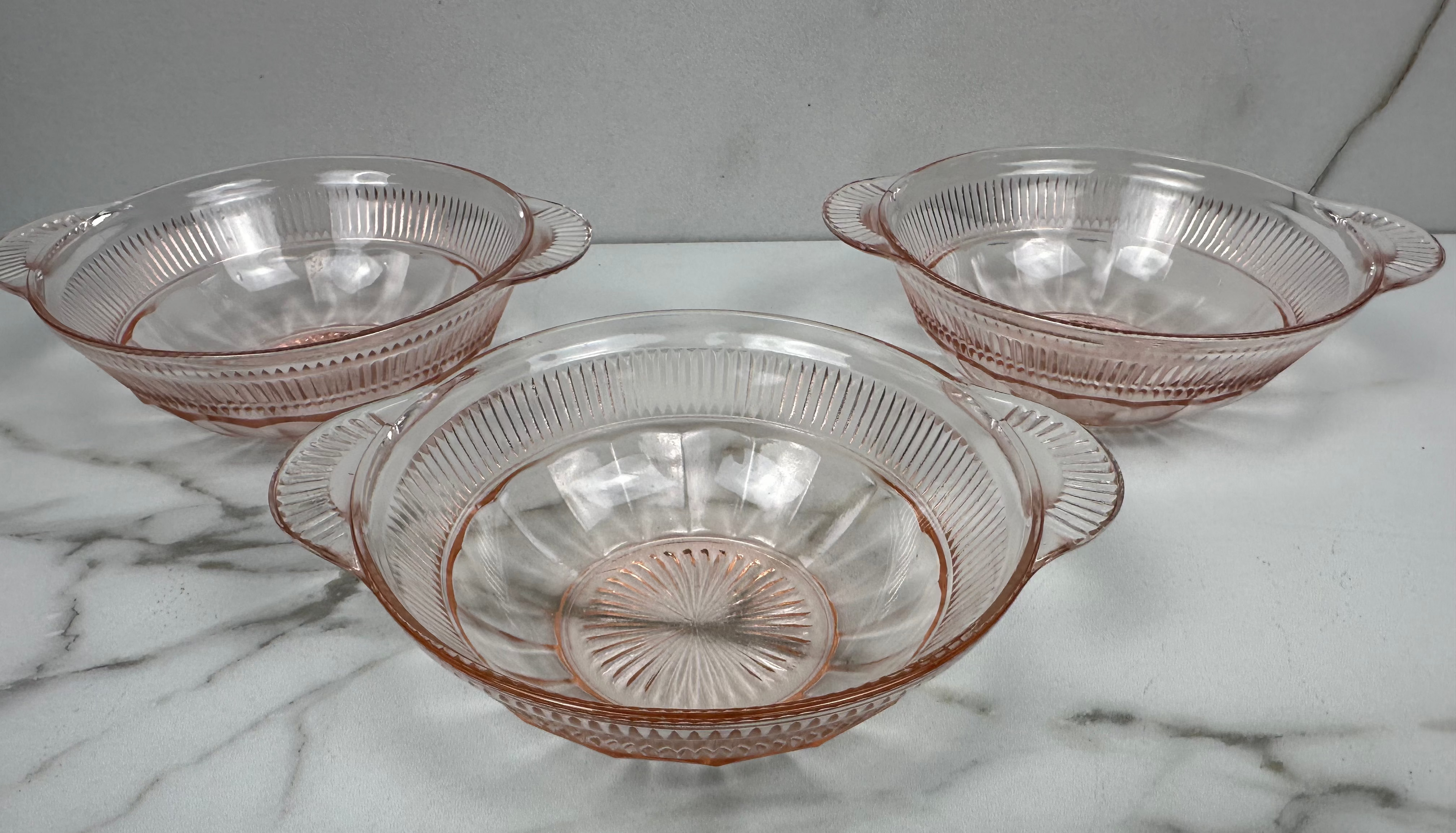 Pink Depression Glass Handled Bowl -  “Coronation” Anchor Hocking | Circa 1936-1940