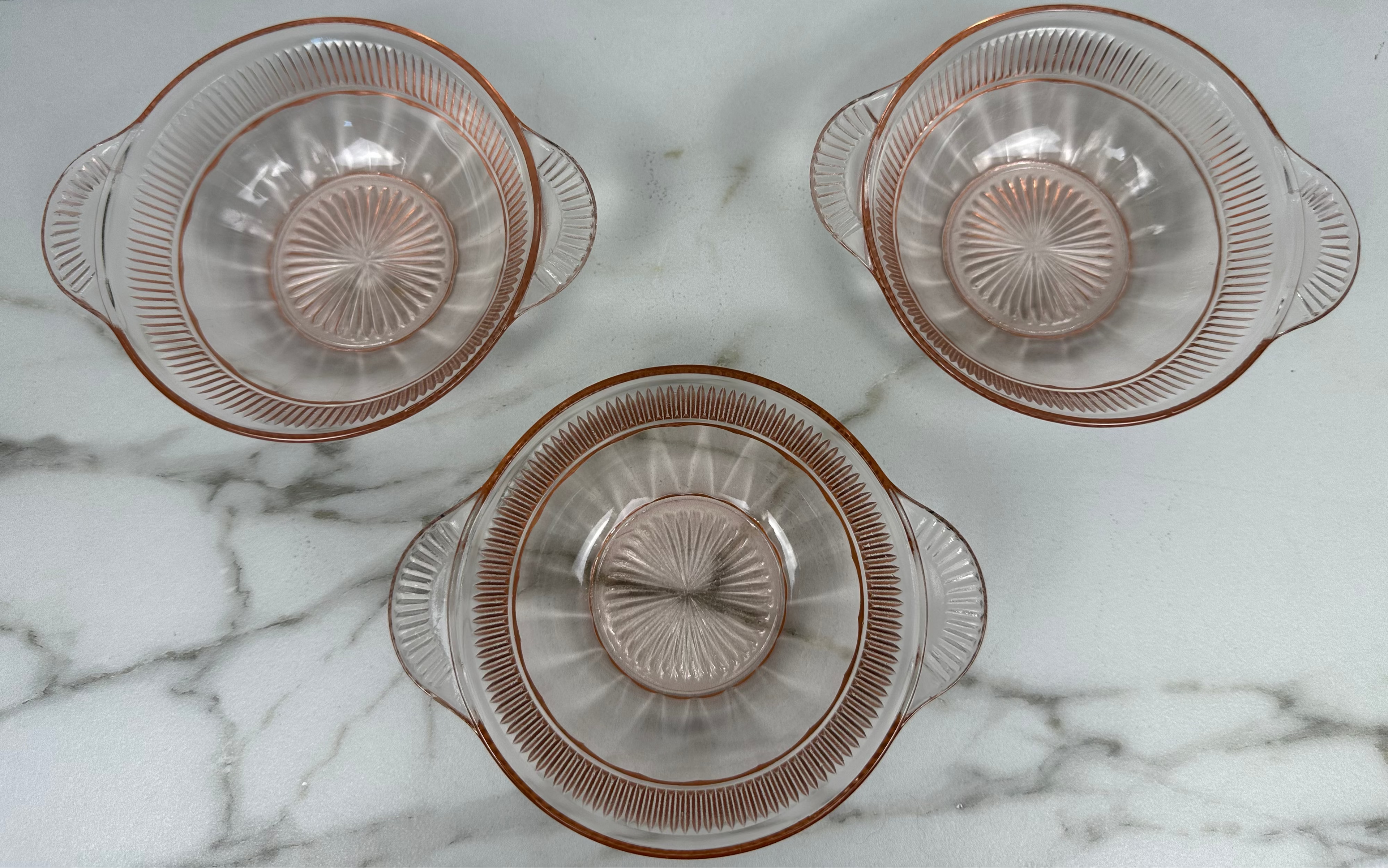 Pink Depression Glass Handled Bowl -  “Coronation” Anchor Hocking | Circa 1936-1940