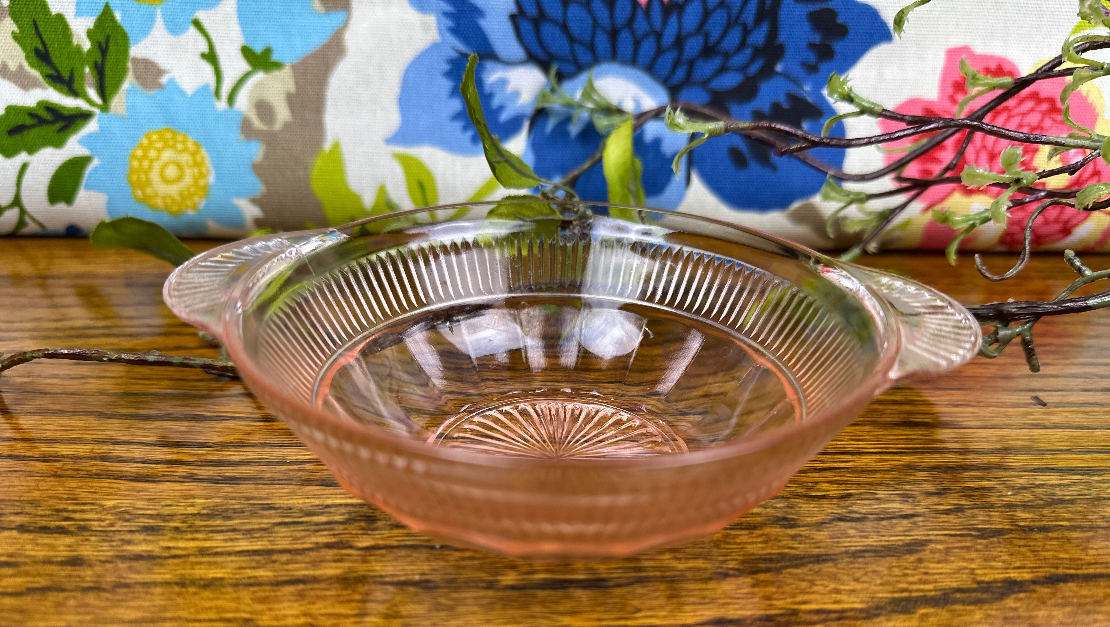 Pink Depression Glass Handled Bowl -  “Coronation” Anchor Hocking | Circa 1936-1940