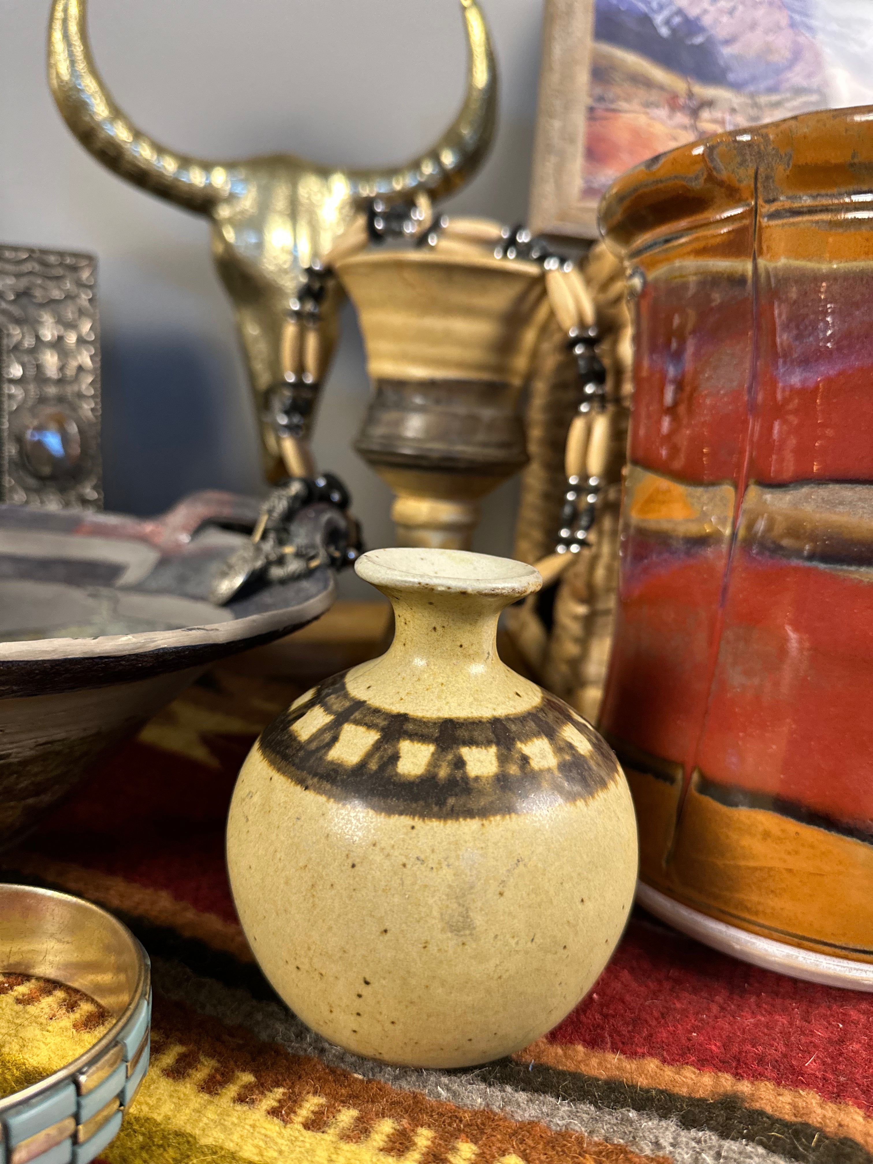 Round Beige & Brown Studio Pottery Vase