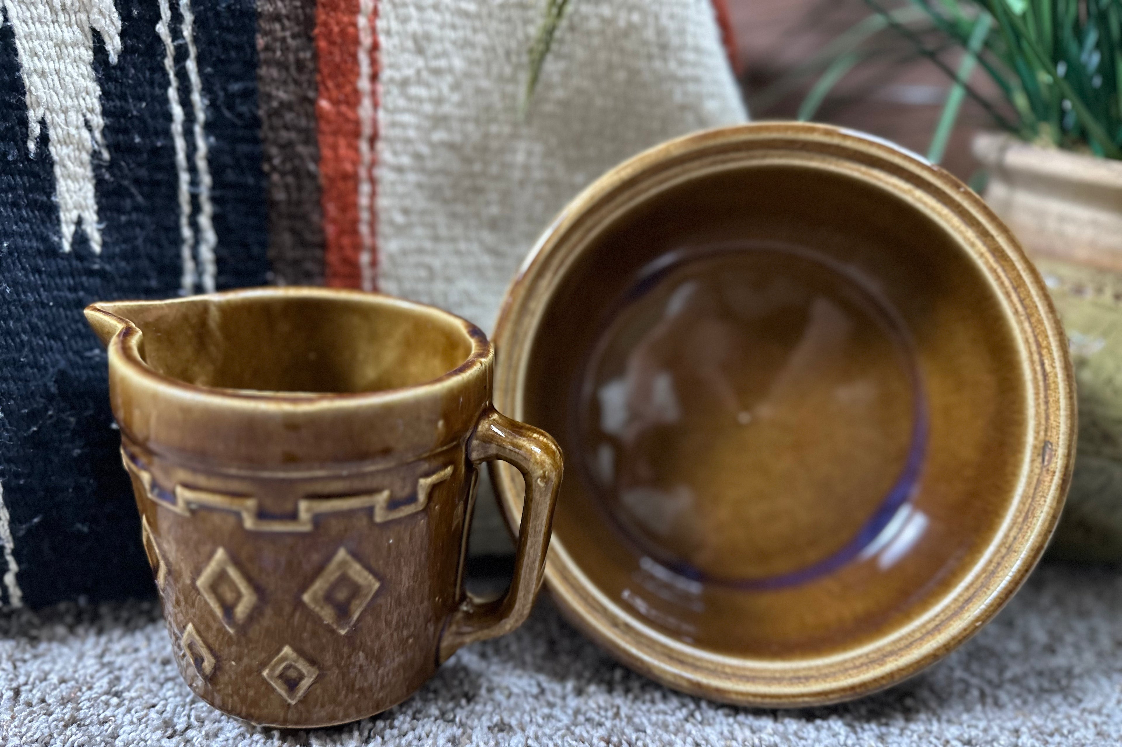 Monmouth Art Pottery  Brown Stoneware Pitcher with Raised Greek Key and Diamond Pattern, USA