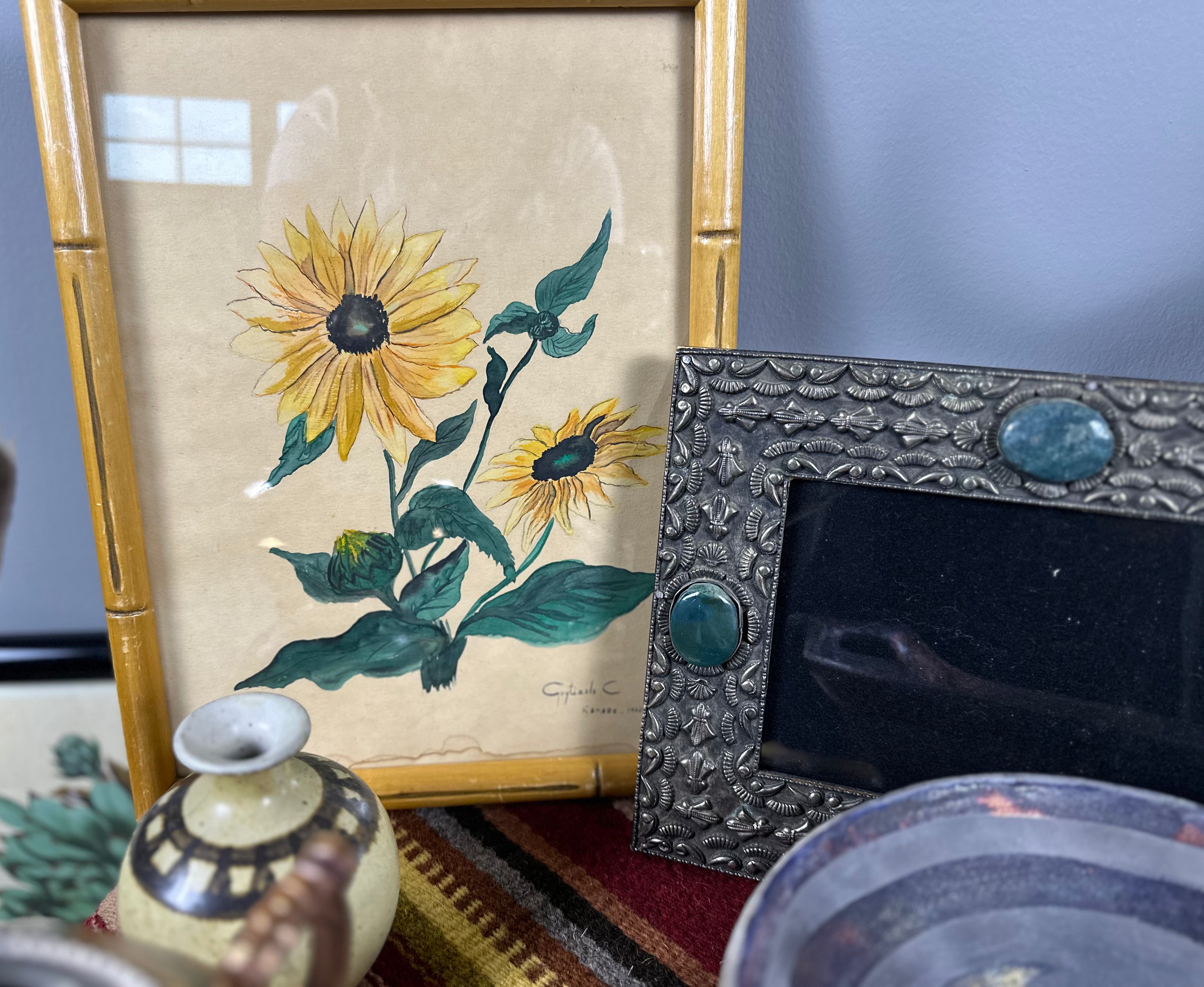 Vintage Original Sunflower Watercolor - Framed - Signed Goytizolo C. (1960)