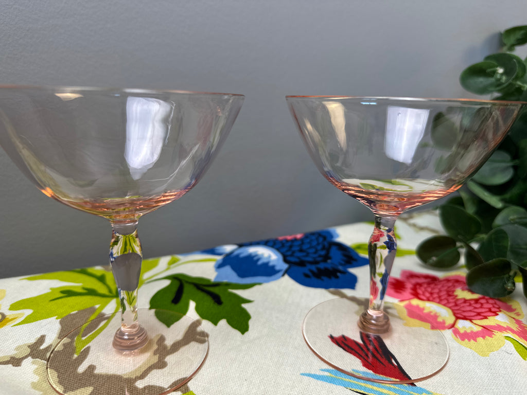Set of Pink Glass Champagne Stems  Vintage Blush Coupe Glasses | Circa Mid 20th Century Modern