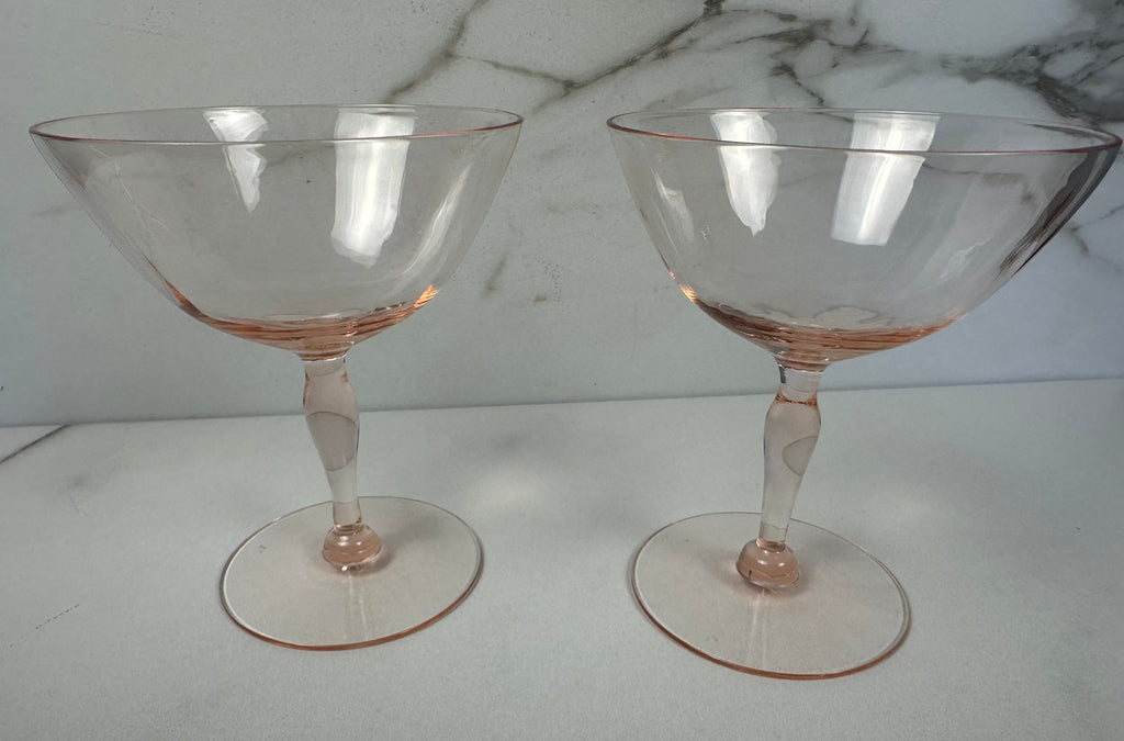 Set of Pink Glass Champagne Stems  Vintage Blush Coupe Glasses | Circa Mid 20th Century Modern