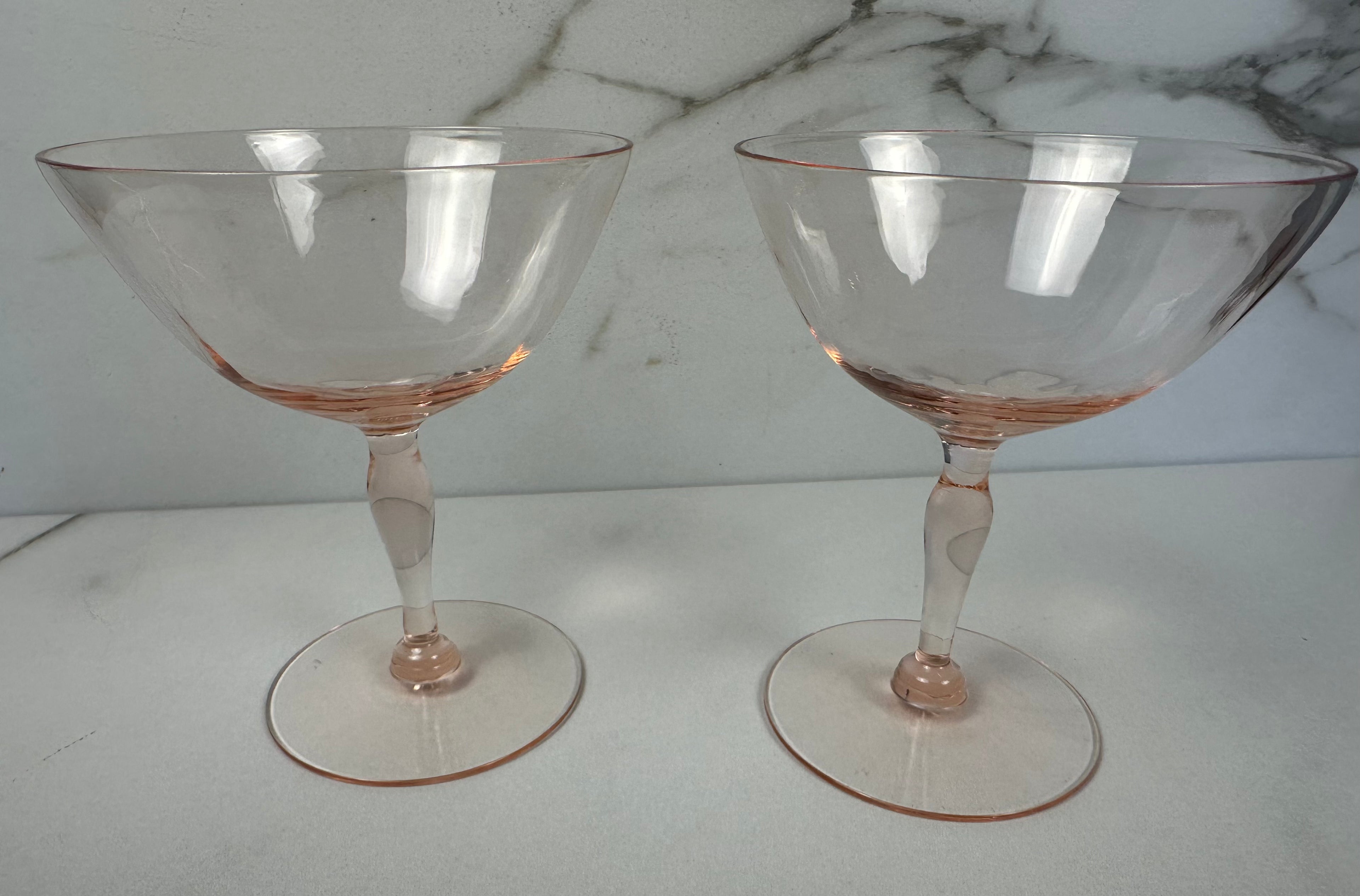 Set of Pink Glass Champagne Stems  Vintage Blush Coupe Glasses | Circa Mid 20th Century Modern