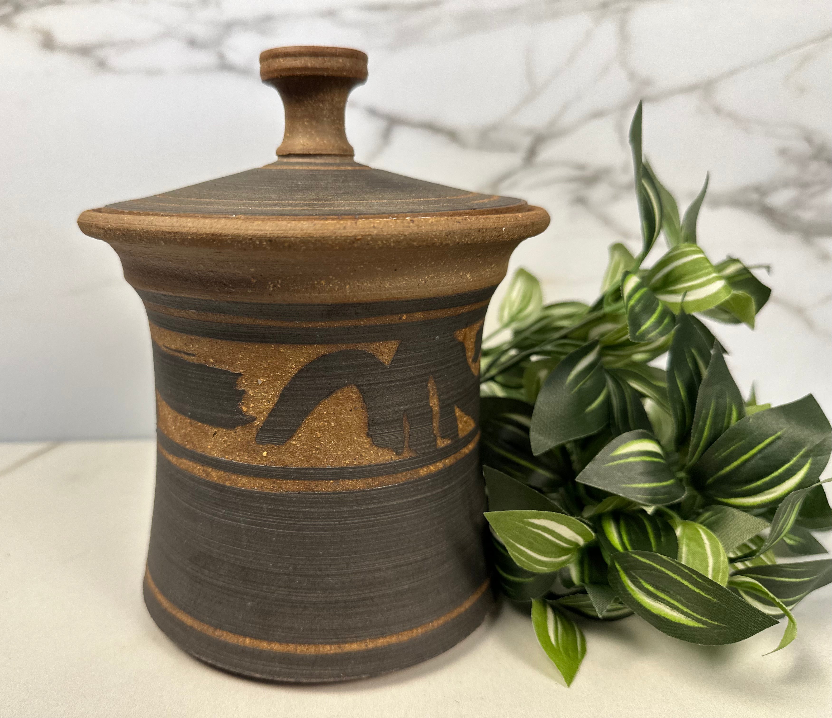 Studio Pottery Brown and Black Jar with Lid, 1980 Artist-Signed ,J. Edward Barker