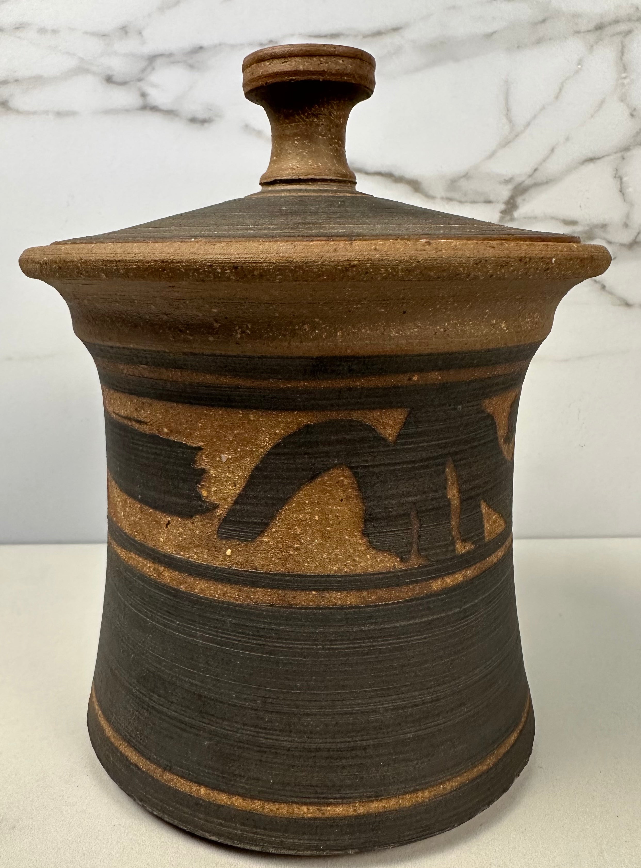 Studio Pottery Brown and Black Jar with Lid, 1980 Artist-Signed ,J. Edward Barker