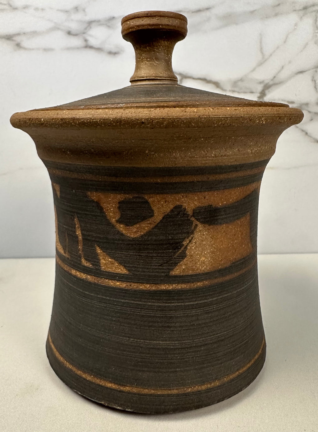Studio Pottery Brown and Black Jar with Lid, 1980 Artist-Signed ,J. Edward Barker