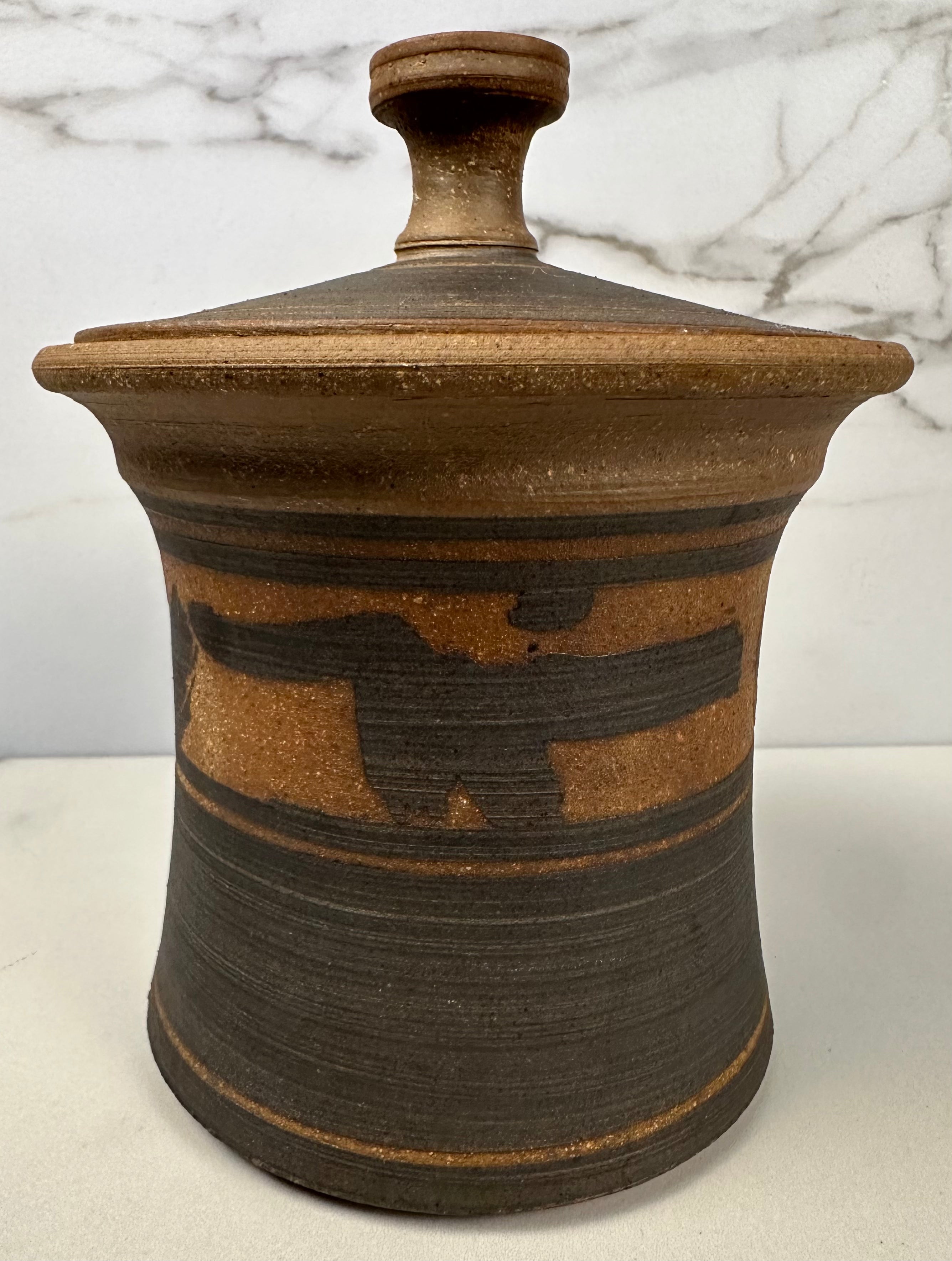 Studio Pottery Brown and Black Jar with Lid, 1980 Artist-Signed ,J. Edward Barker