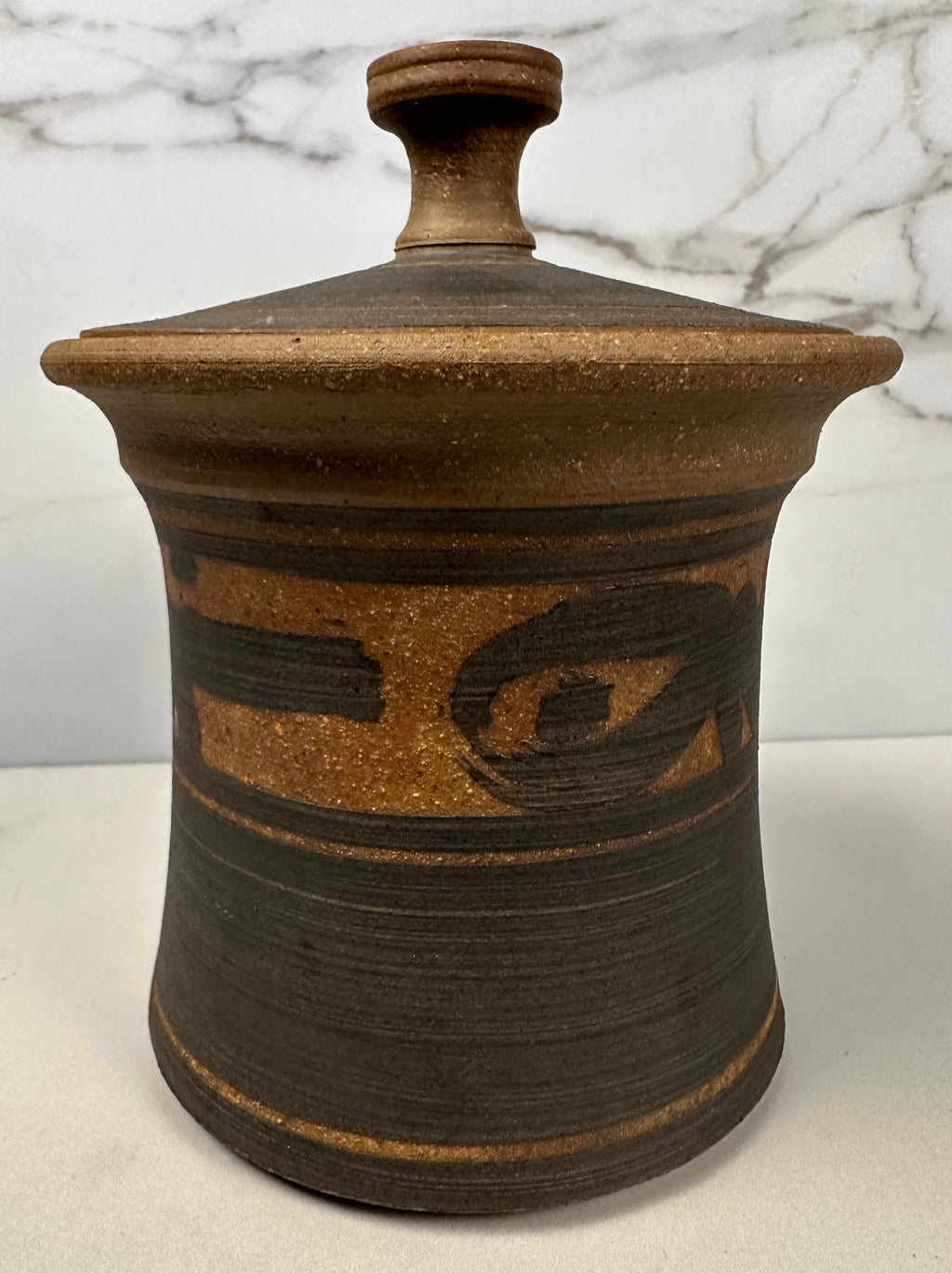 Studio Pottery Brown and Black Jar with Lid, 1980 Artist-Signed ,J. Edward Barker