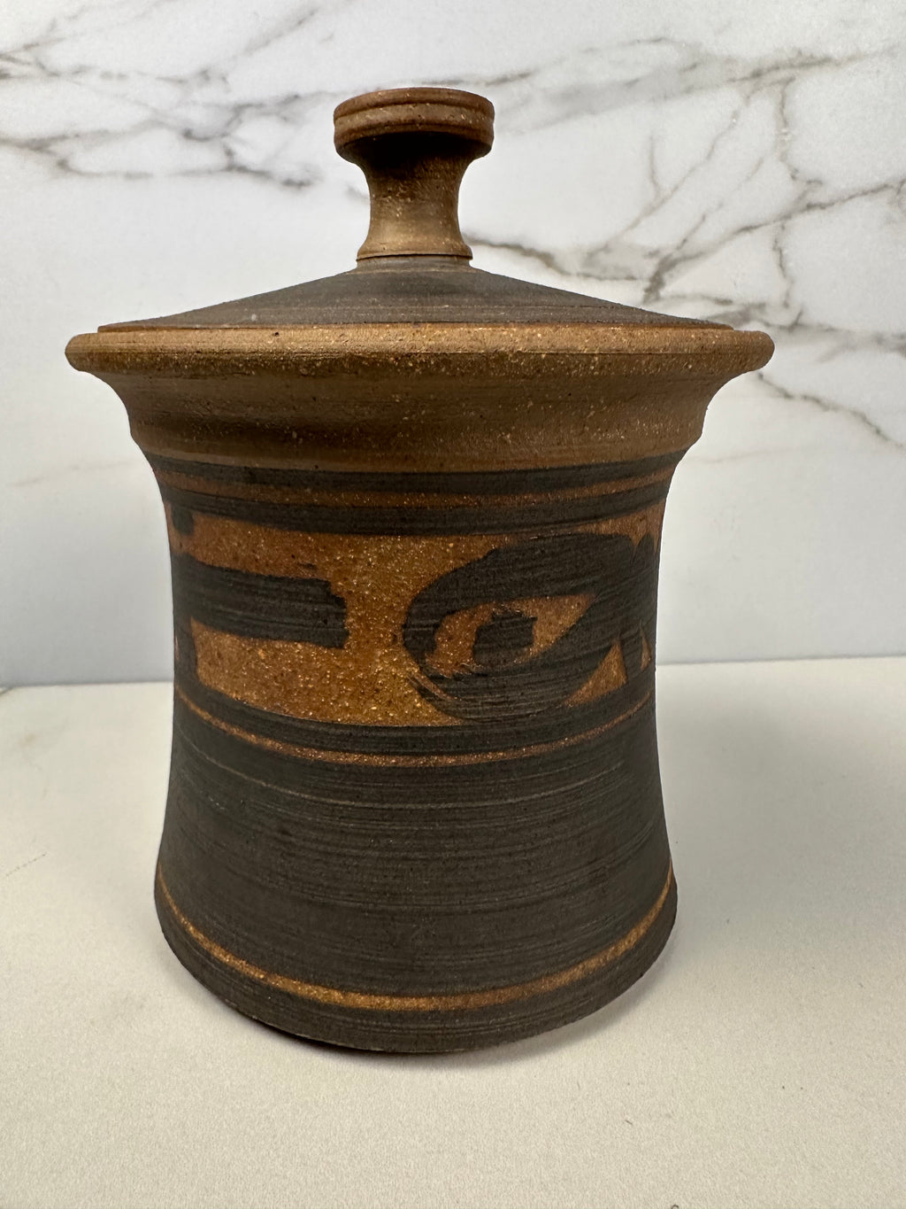 Studio Pottery Brown and Black Jar with Lid, 1980 Artist-Signed ,J. Edward Barker