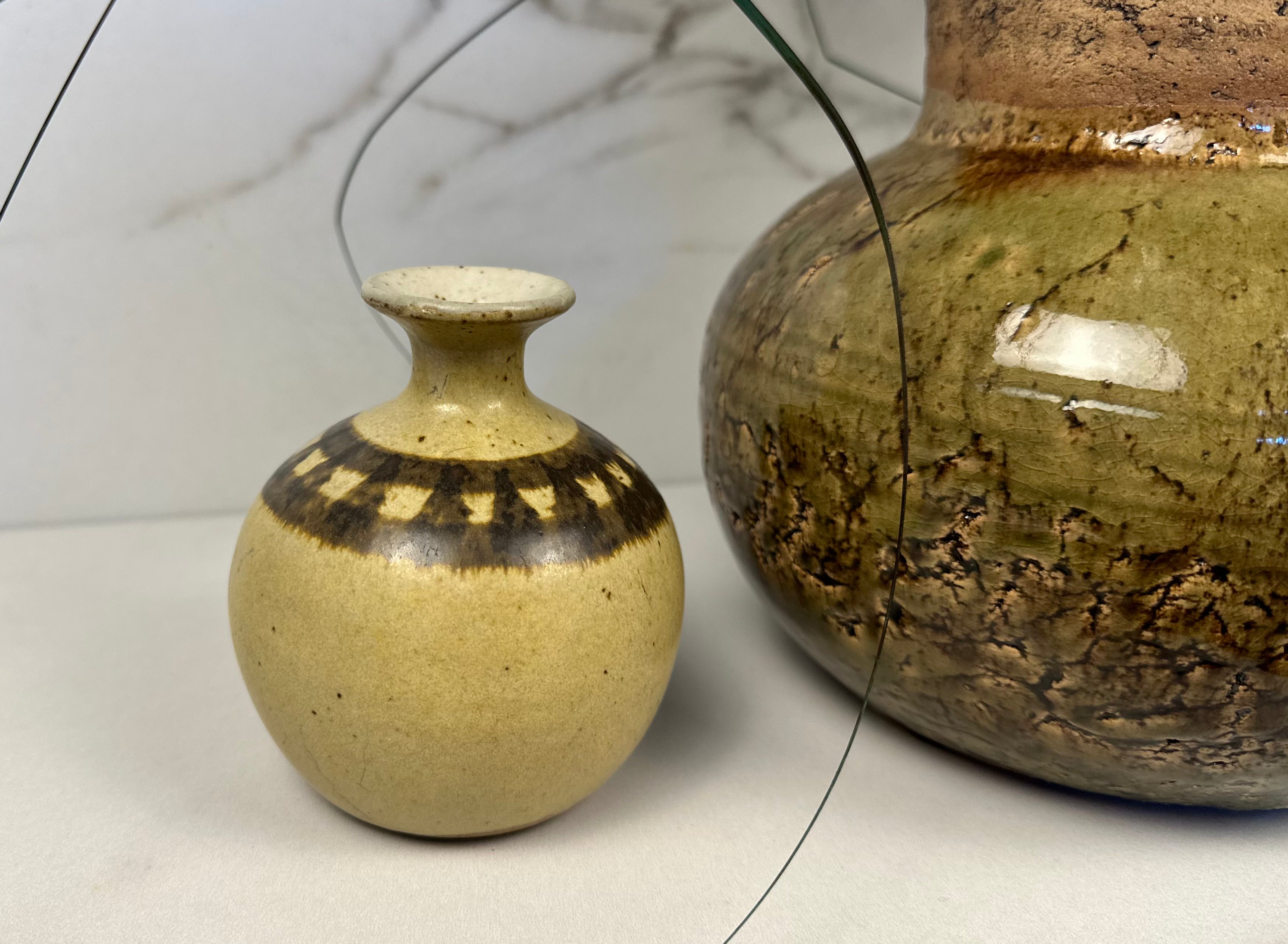 Round Beige & Brown Studio Pottery Vase