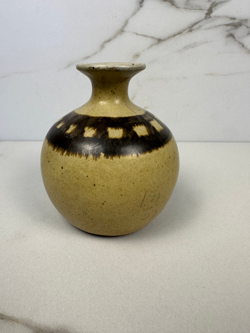 Round Beige & Brown Studio Pottery Vase