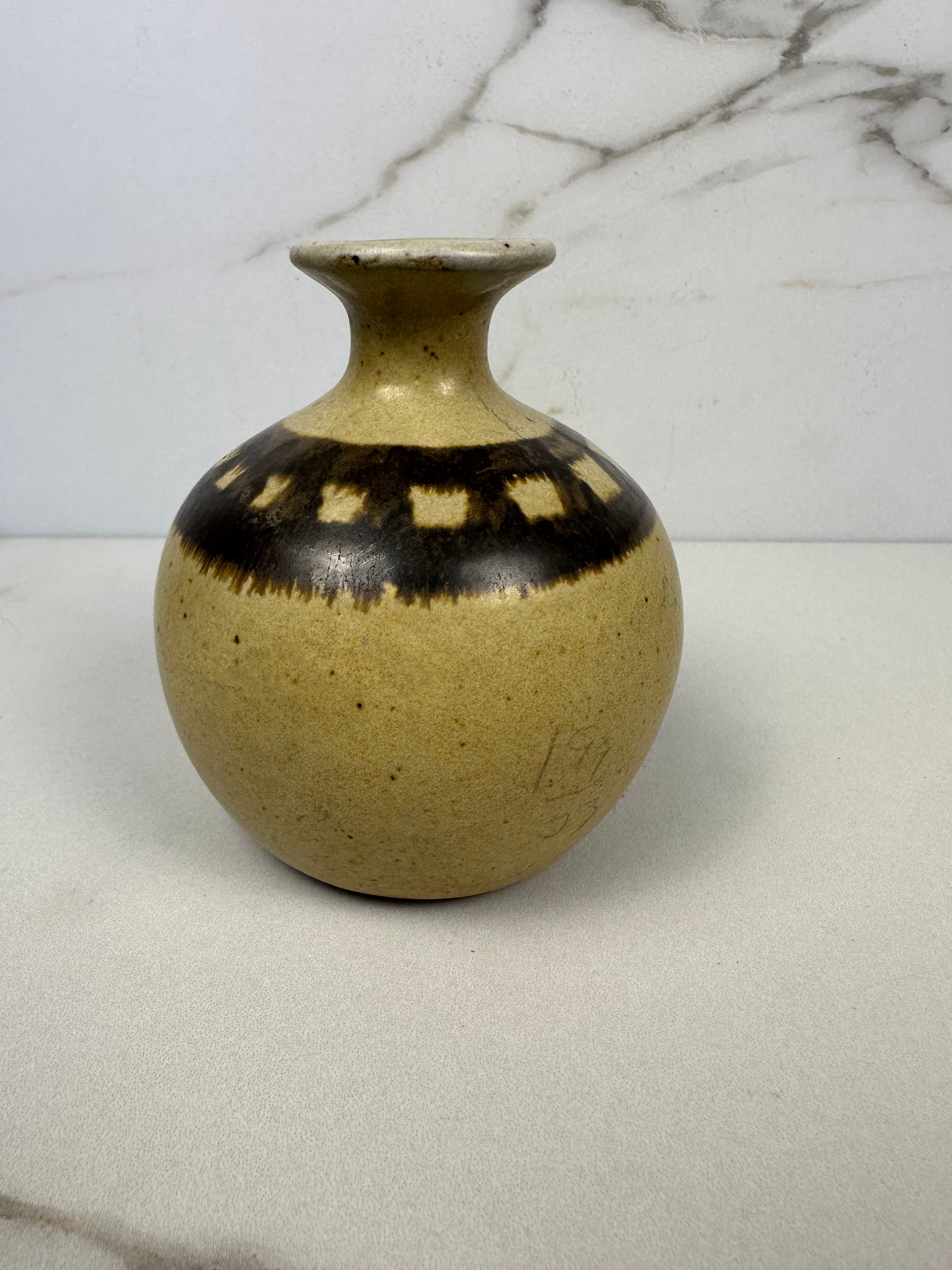 Round Beige & Brown Studio Pottery Vase