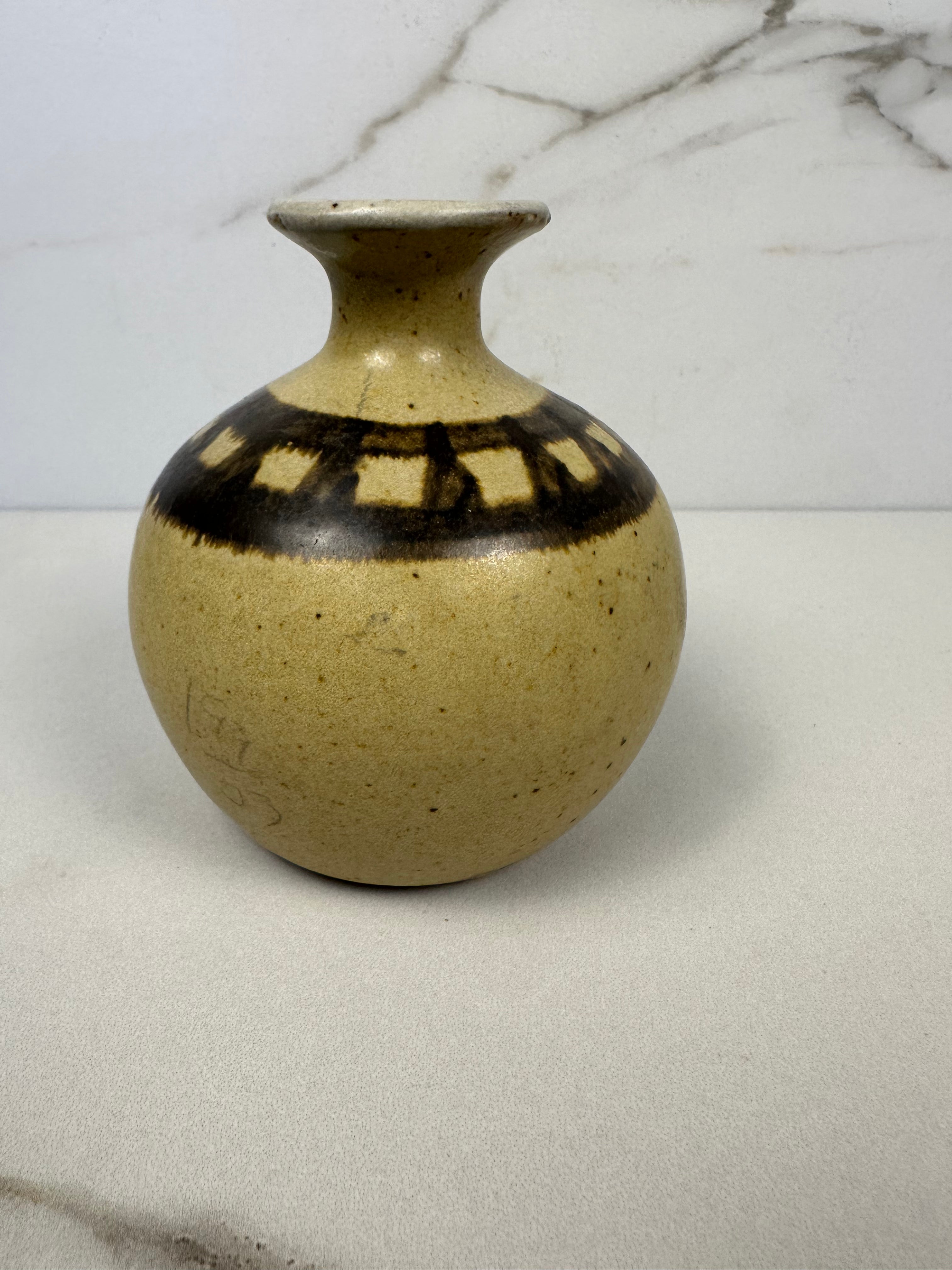 Round Beige & Brown Studio Pottery Vase