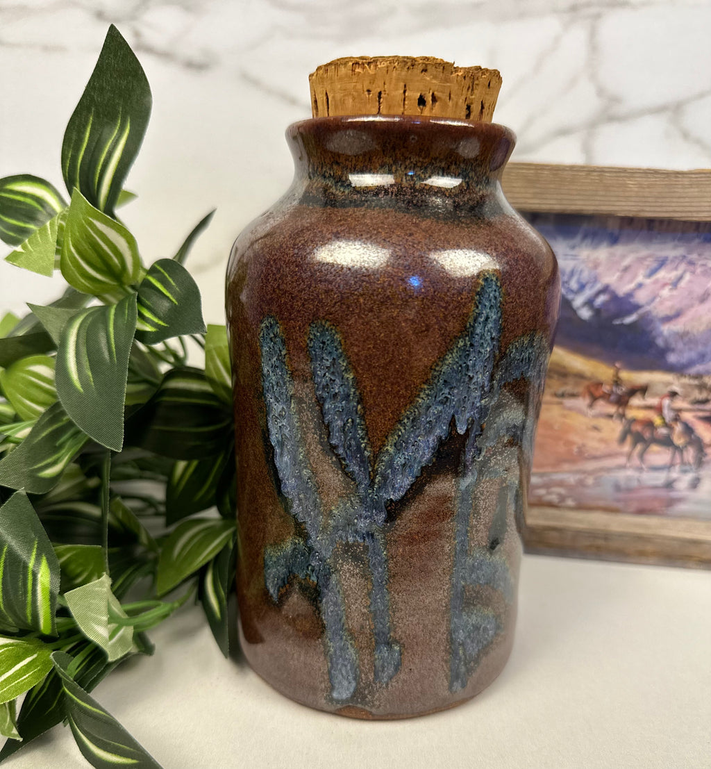 Studio Glazed Pottery Jar with Cork Lid, Artist Signed  - Ken Merrick