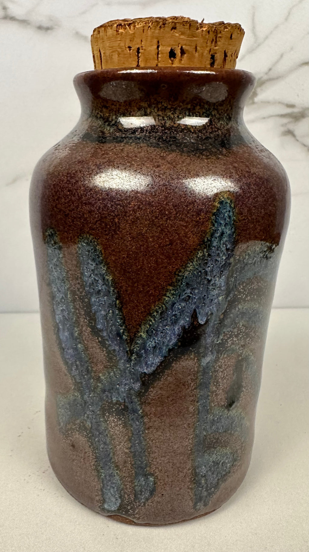 Studio Glazed Pottery Jar with Cork Lid, Artist Signed  - Ken Merrick