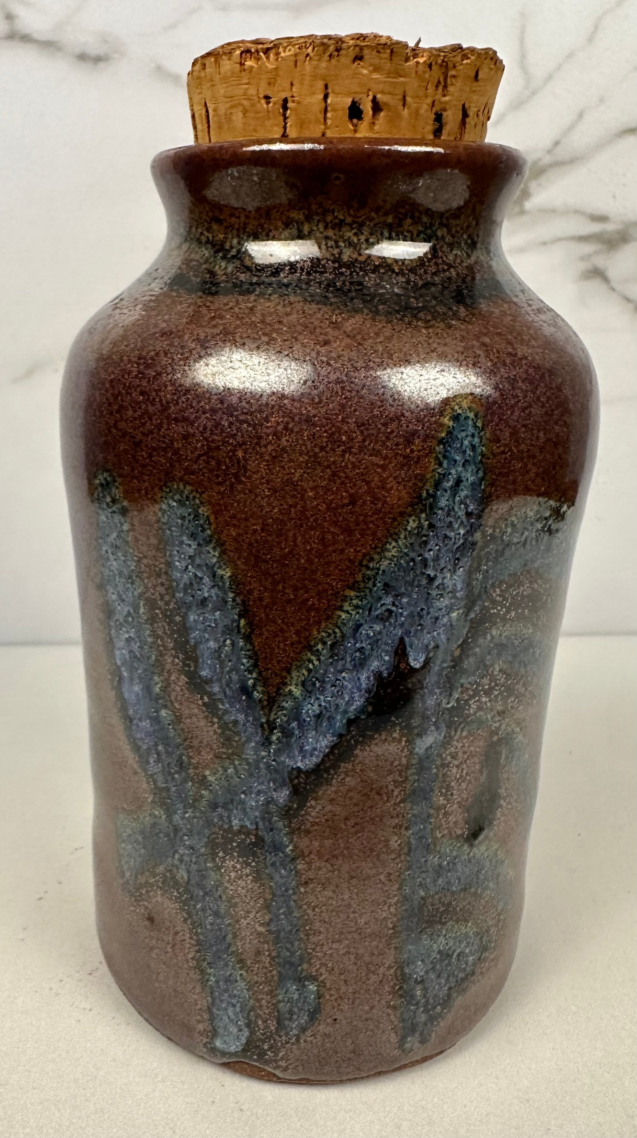 Studio Glazed Pottery Jar with Cork Lid, Artist Signed  - Ken Merrick