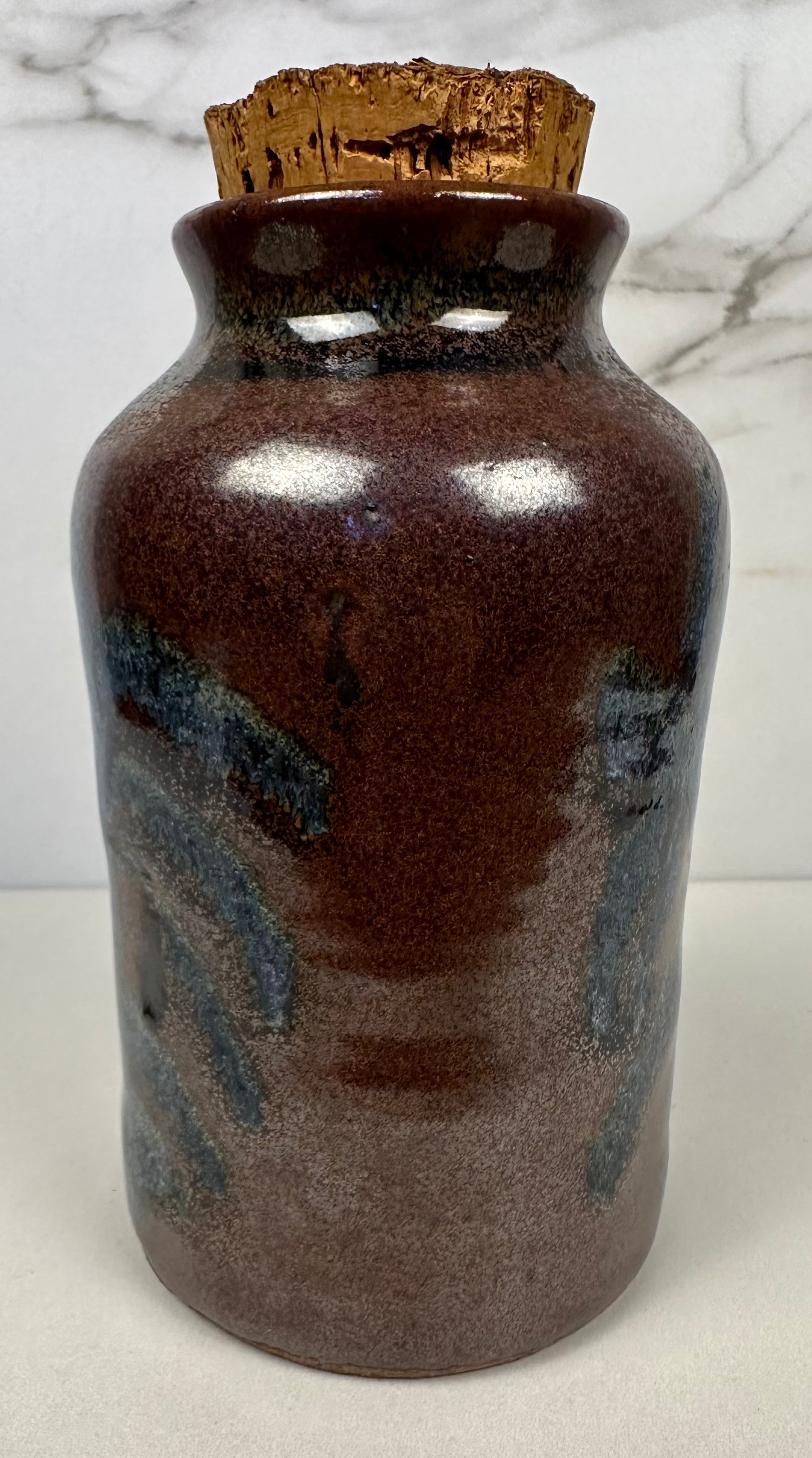 Studio Glazed Pottery Jar with Cork Lid, Artist Signed  - Ken Merrick