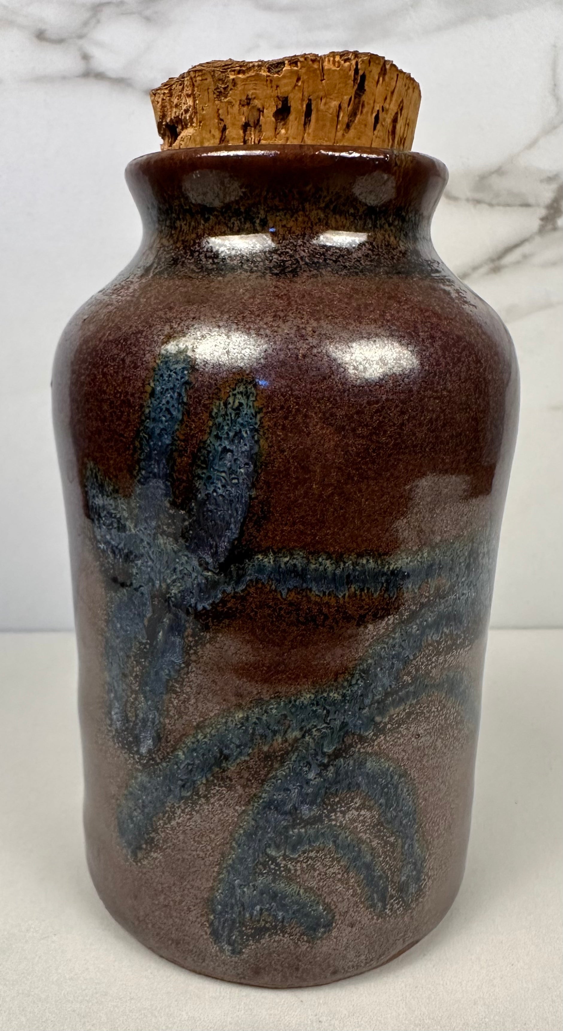 Studio Glazed Pottery Jar with Cork Lid, Artist Signed  - Ken Merrick
