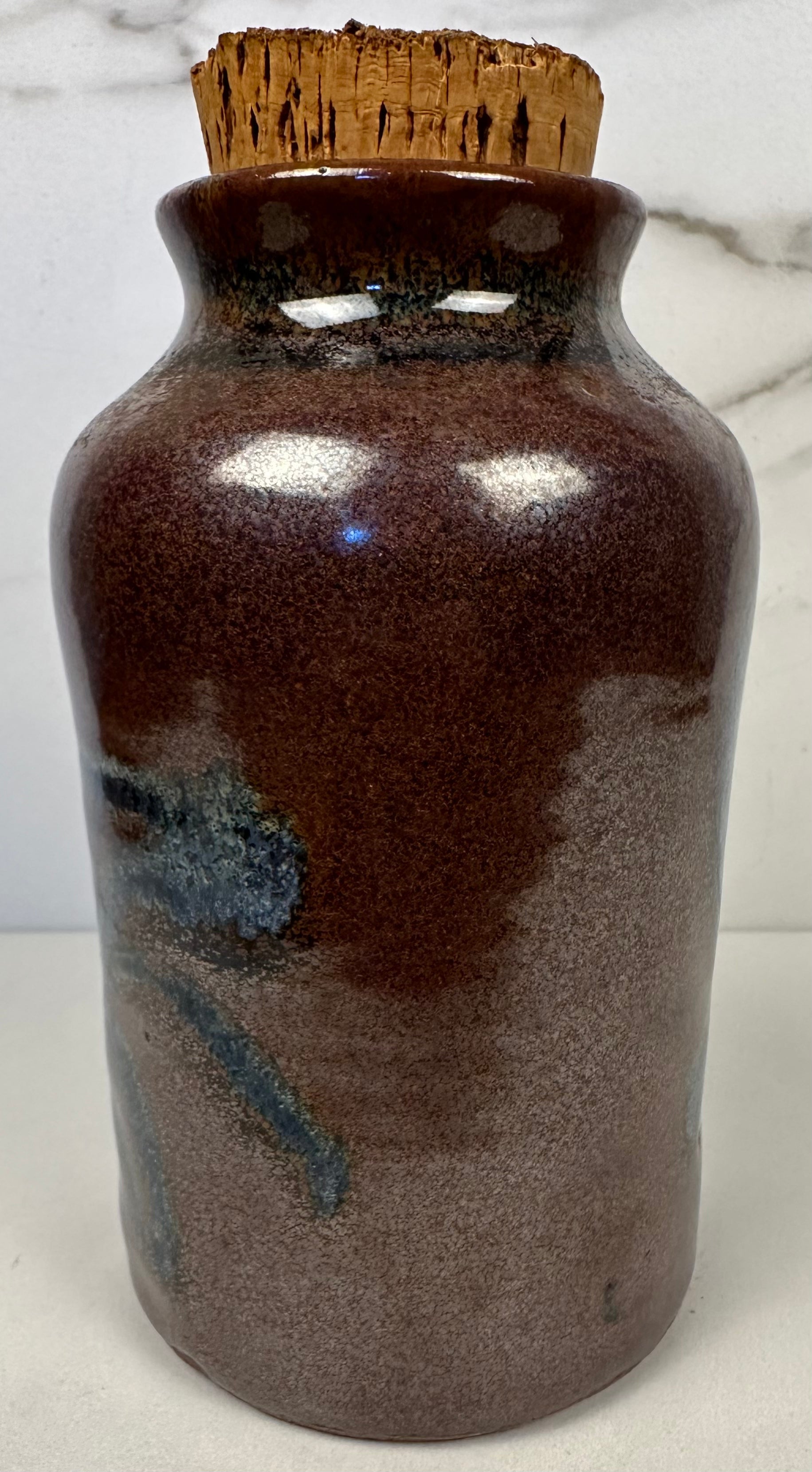 Studio Glazed Pottery Jar with Cork Lid, Artist Signed  - Ken Merrick