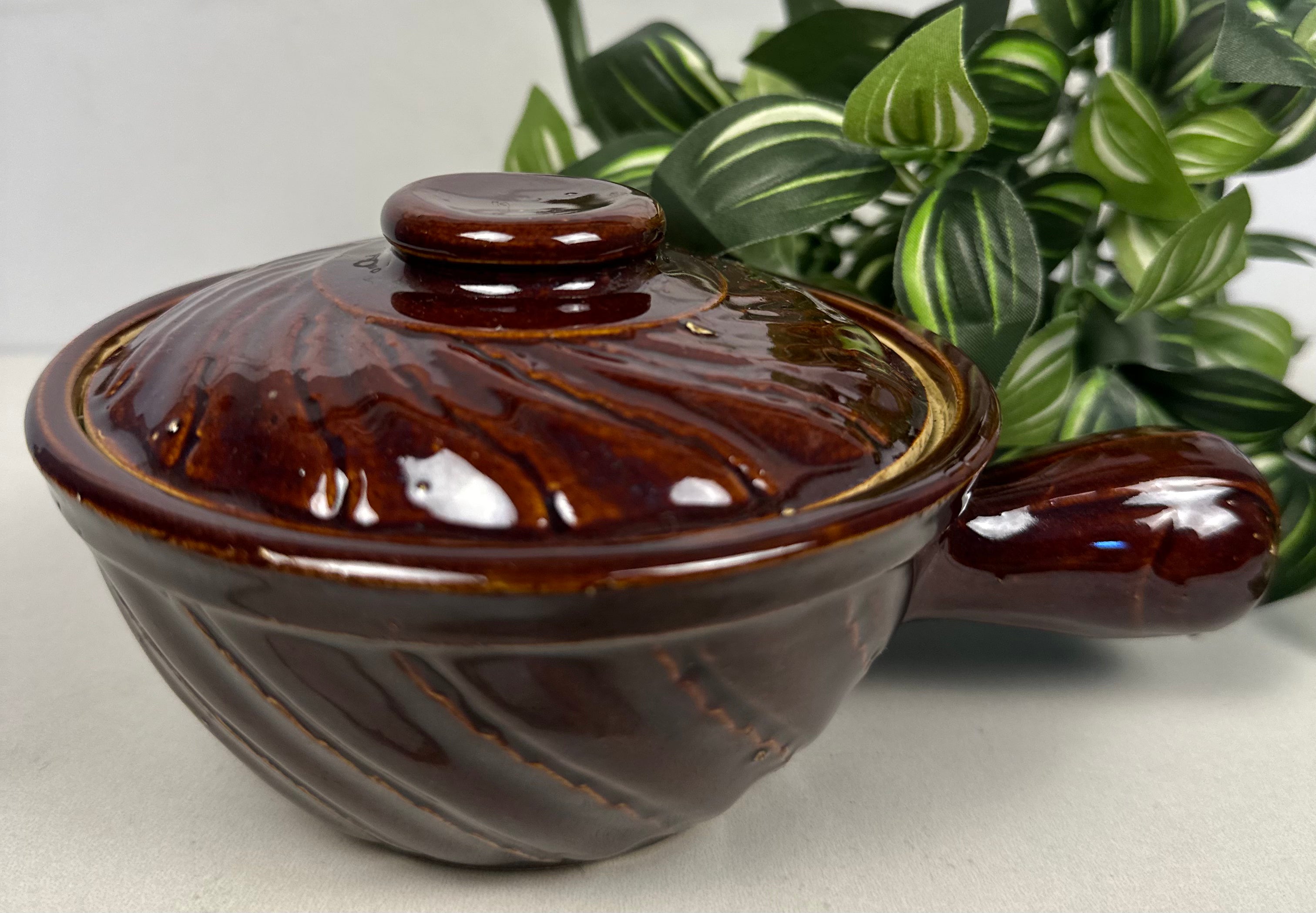Hall Brown Pottery Lidded Bowl with Handle