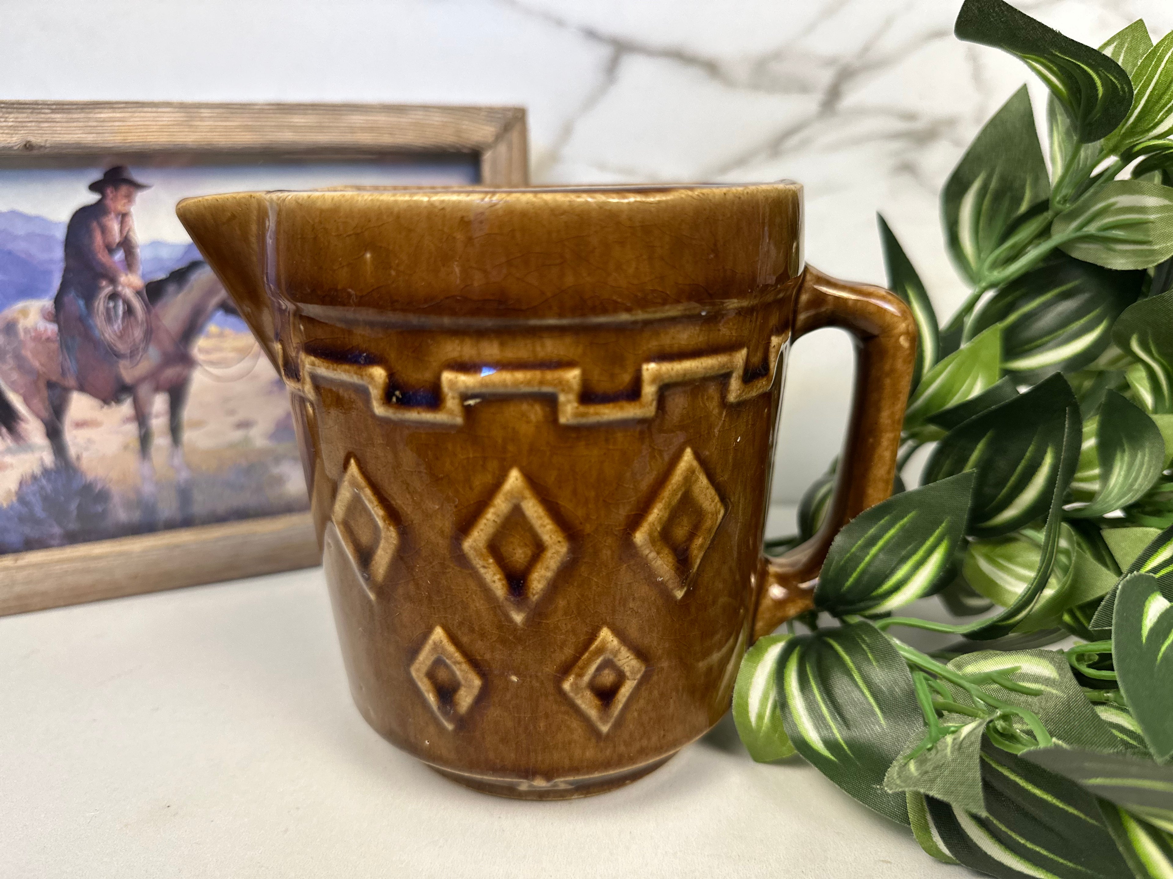 Monmouth Art Pottery  Brown Stoneware Pitcher with Raised Greek Key and Diamond Pattern, USA