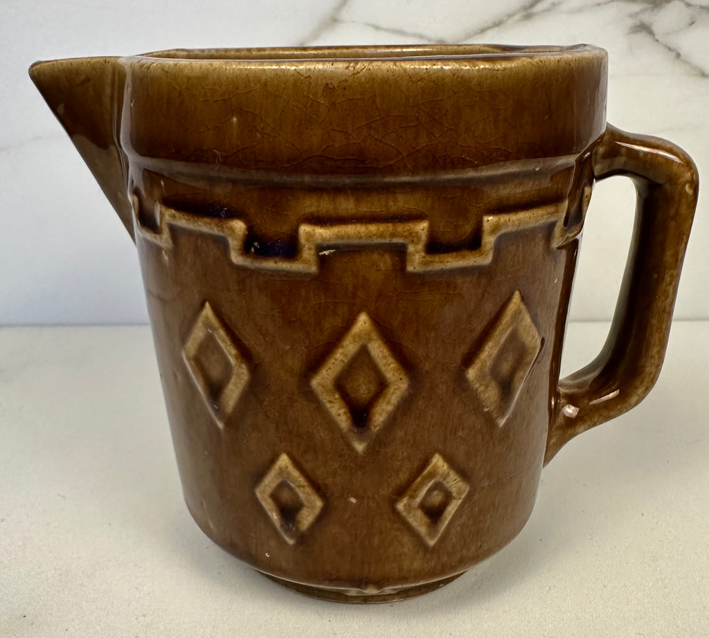 Monmouth Art Pottery  Brown Stoneware Pitcher with Raised Greek Key and Diamond Pattern, USA