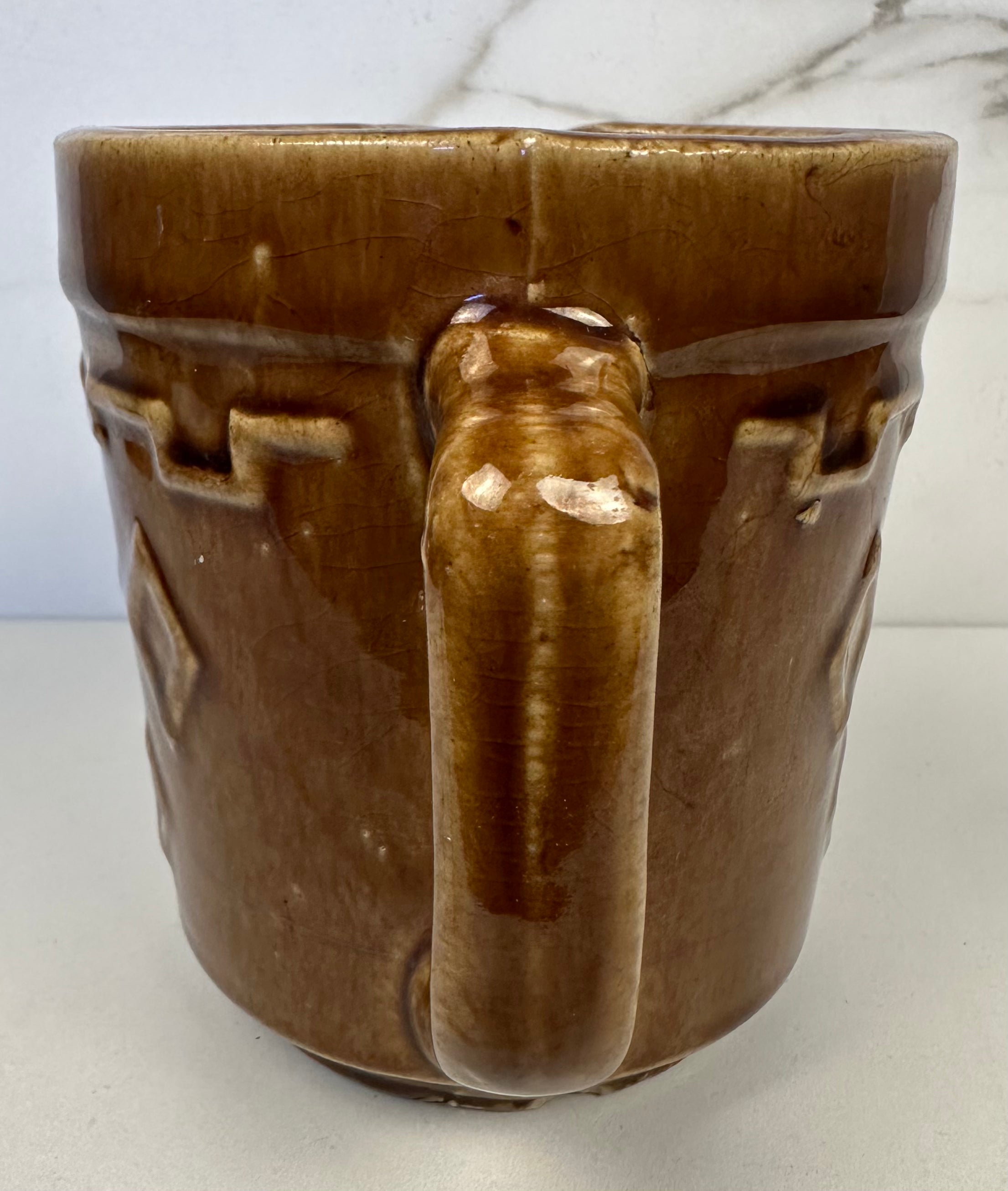 Monmouth Art Pottery  Brown Stoneware Pitcher with Raised Greek Key and Diamond Pattern, USA