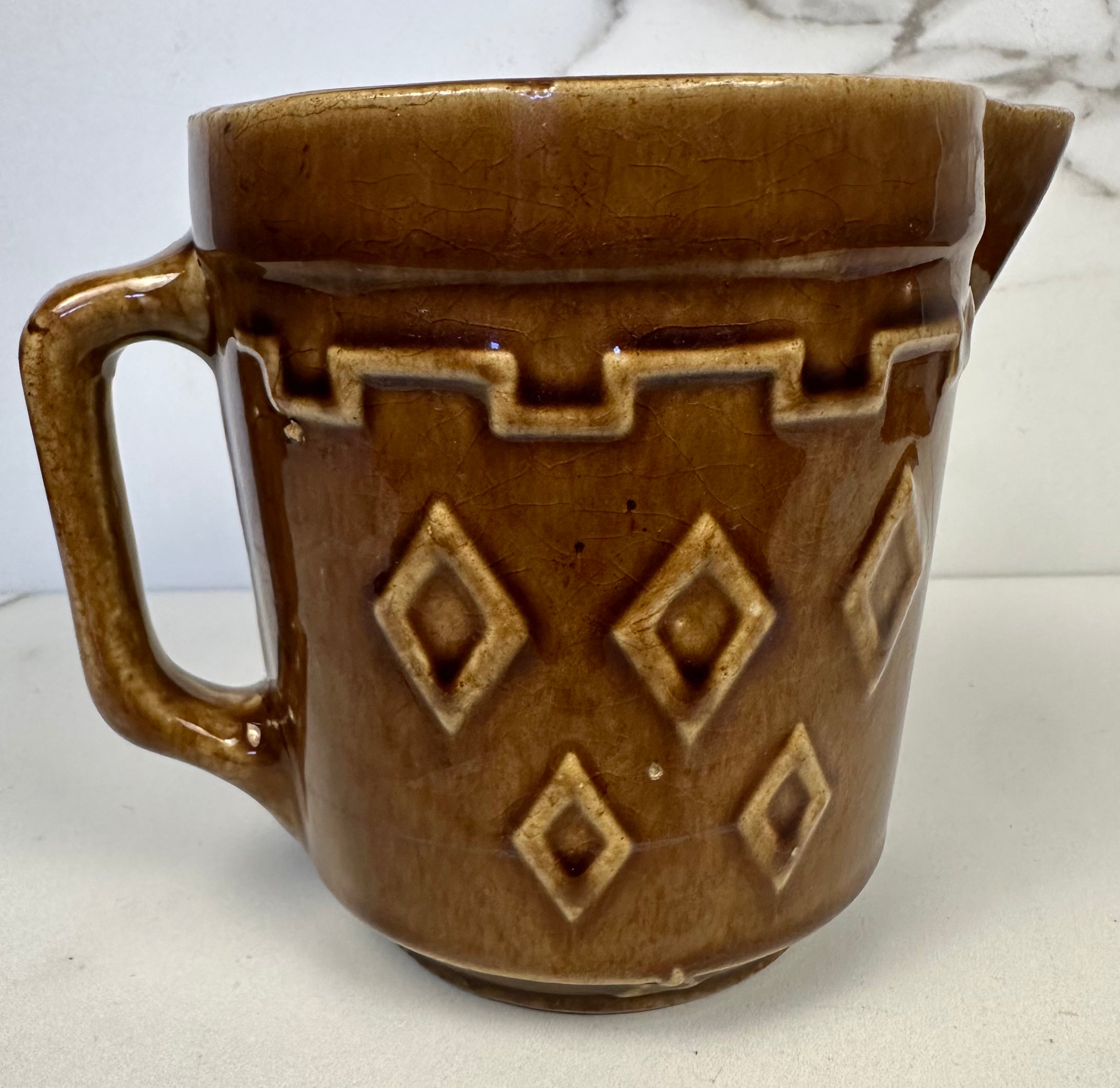 Monmouth Art Pottery  Brown Stoneware Pitcher with Raised Greek Key and Diamond Pattern, USA