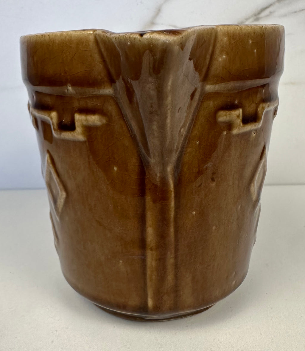 Monmouth Art Pottery  Brown Stoneware Pitcher with Raised Greek Key and Diamond Pattern, USA