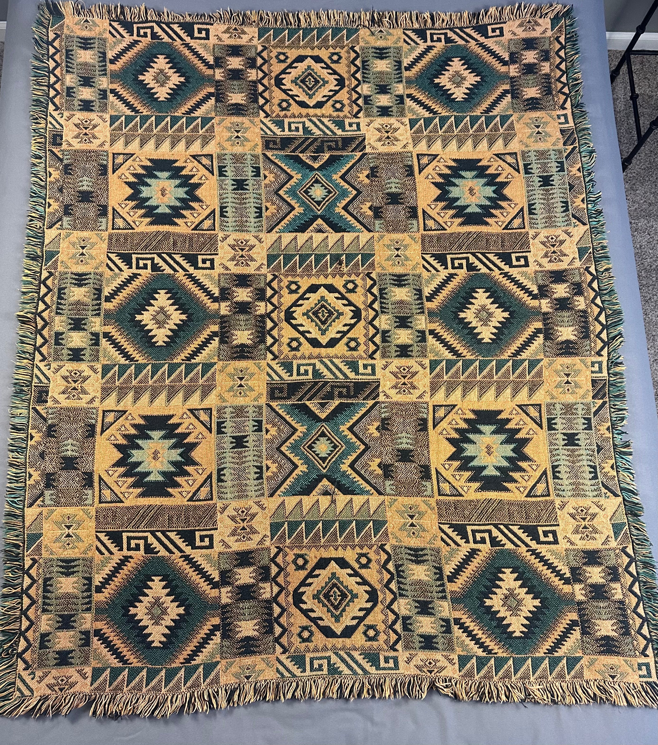 Green and Tan Native  American Design Blanket