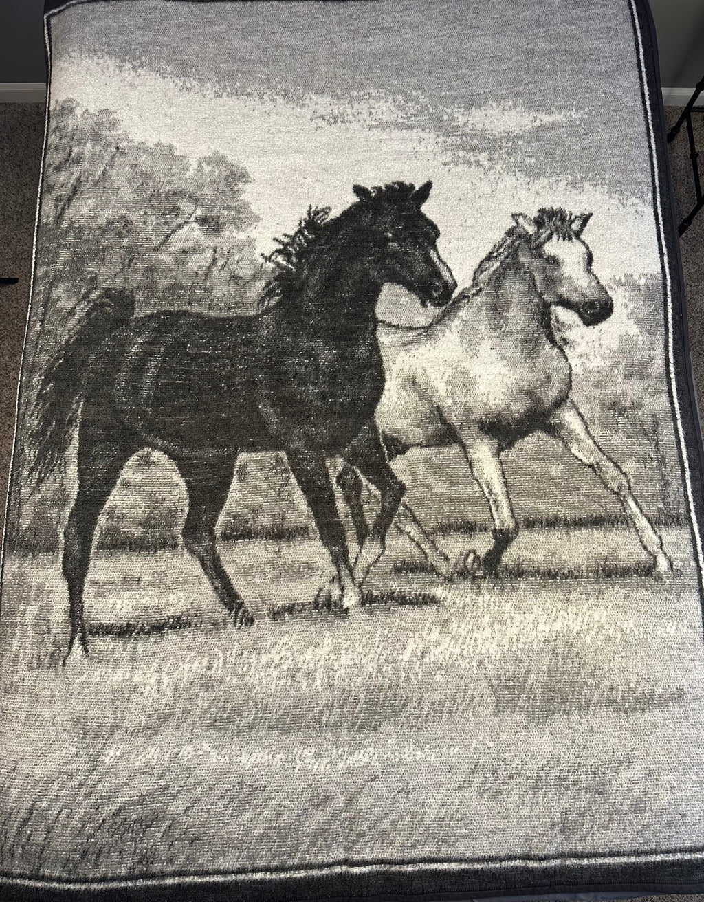Vintage Biederlack Black and White Horses Blanket
