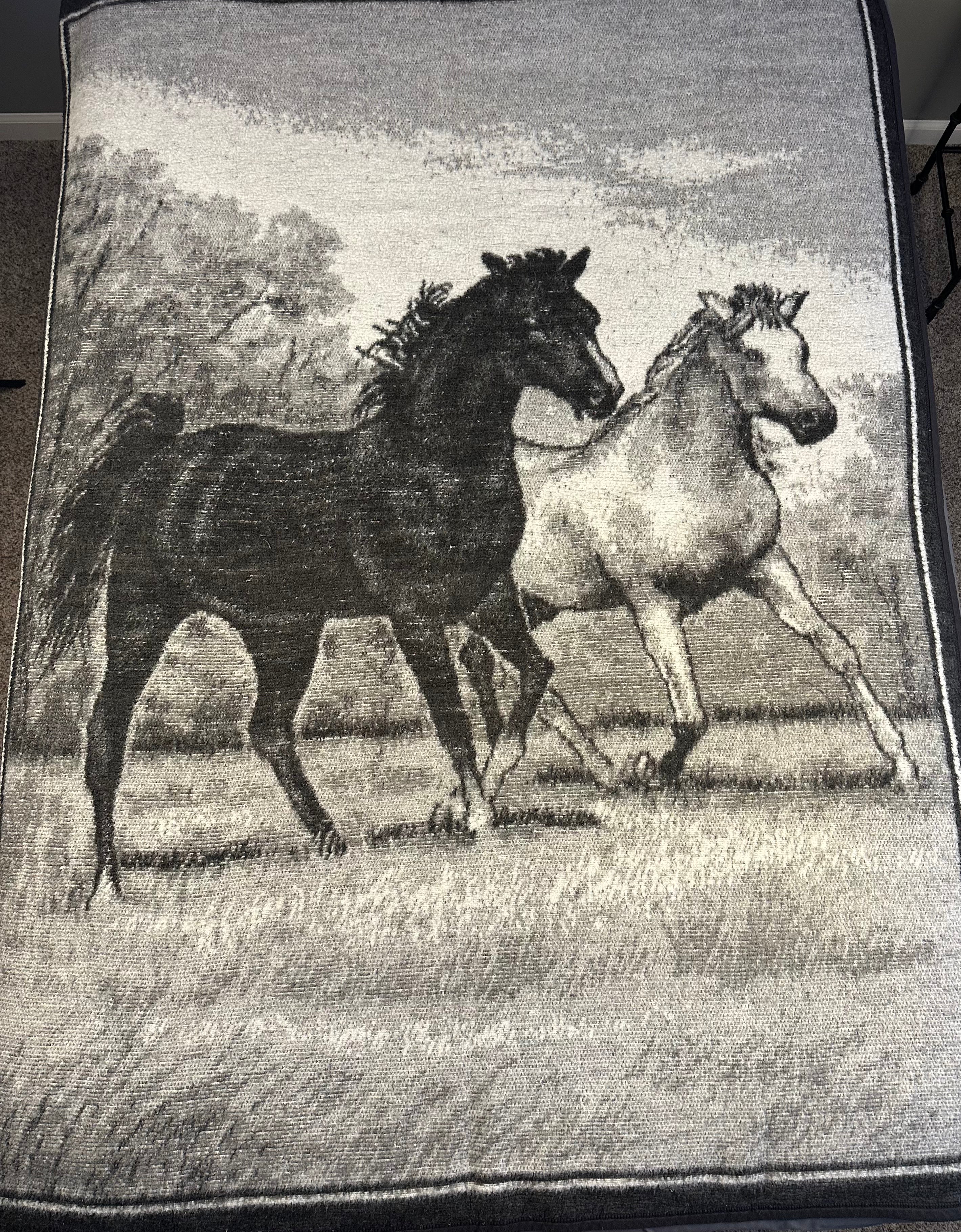Vintage Biederlack Black and White Horses Blanket