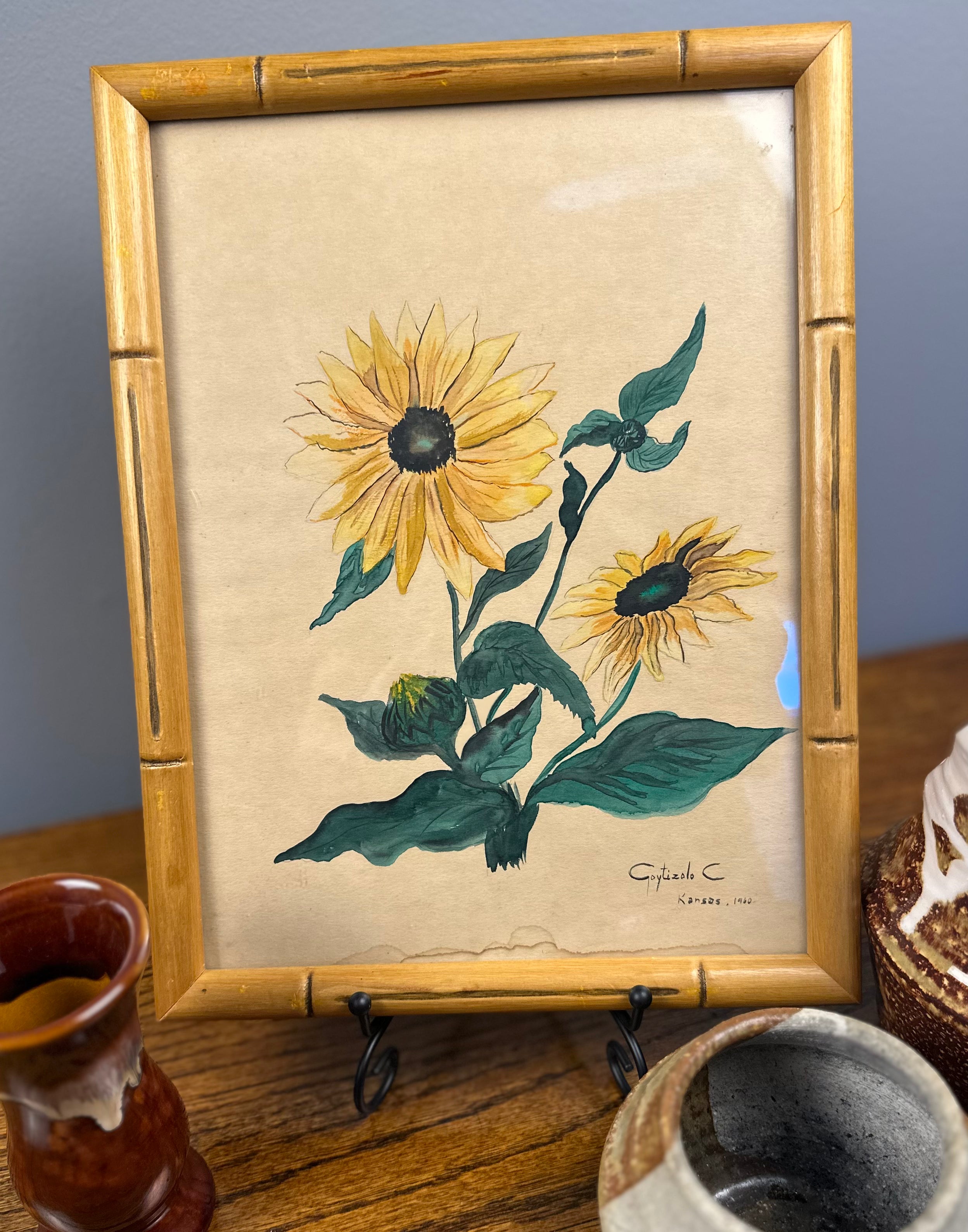 Vintage Original Sunflower Watercolor - Framed - Signed Goytizolo C. (1960)