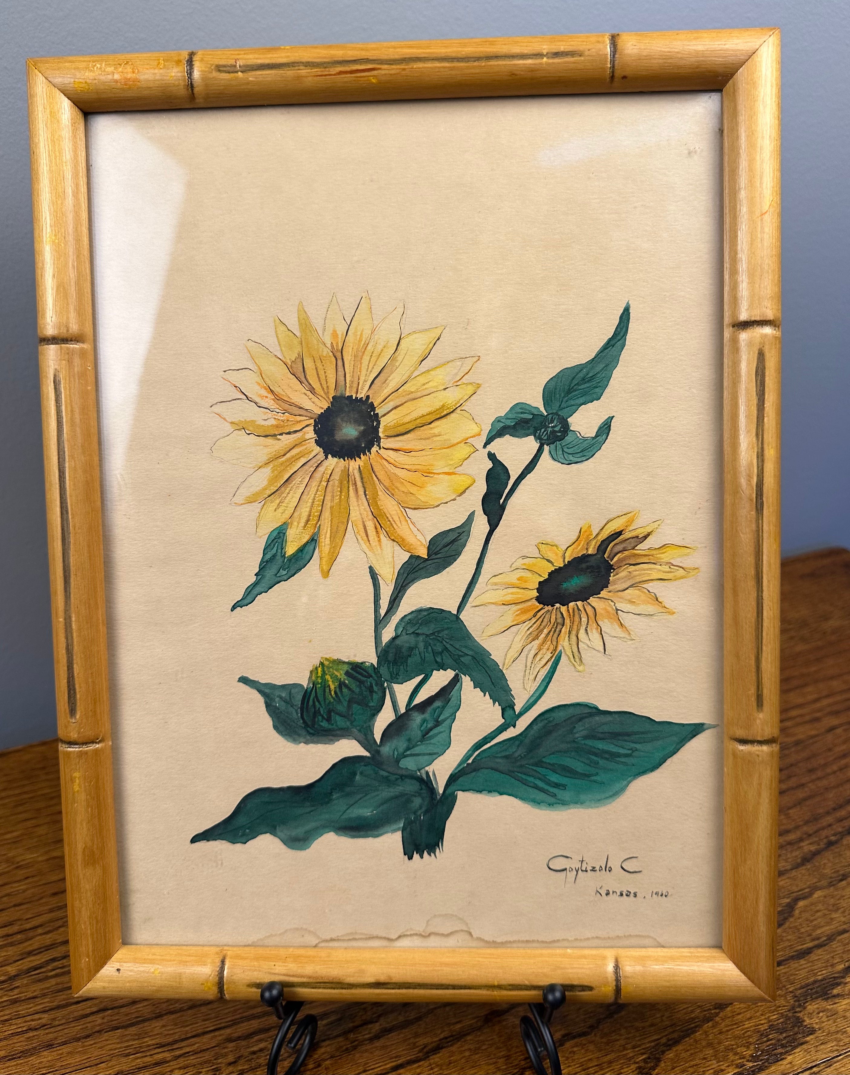 Vintage Original Sunflower Watercolor - Framed - Signed Goytizolo C. (1960)