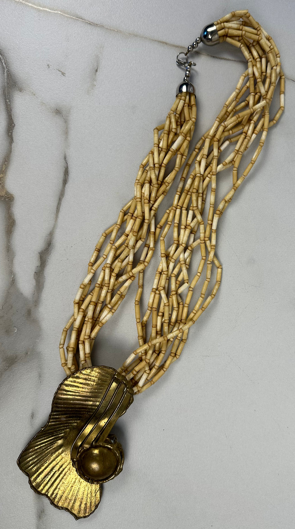 Artist Made Statement Piece Multi Strand Wood Beaded and Brass Necklace