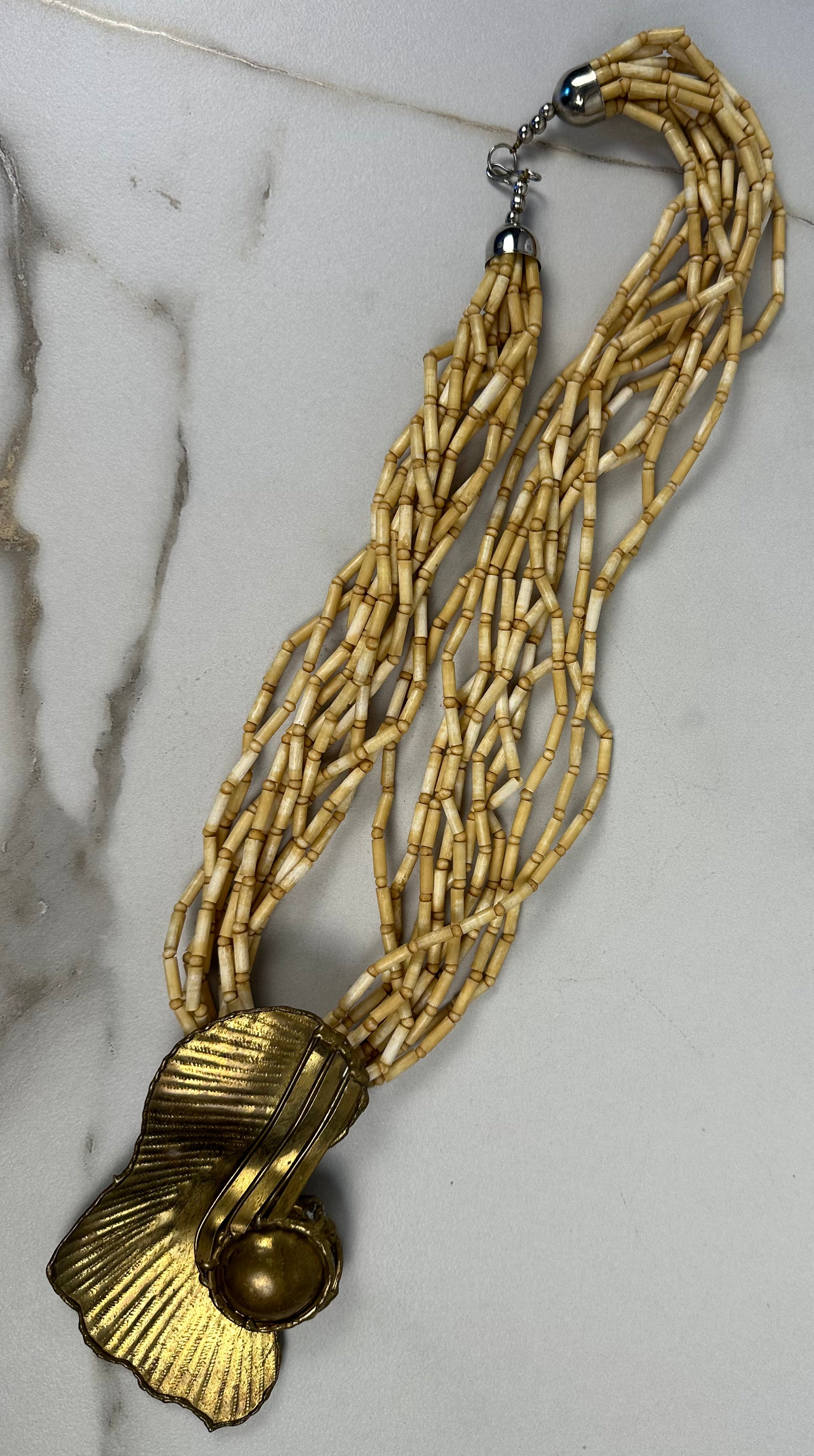 Artist Made Statement Piece Multi Strand Wood Beaded and Brass Necklace