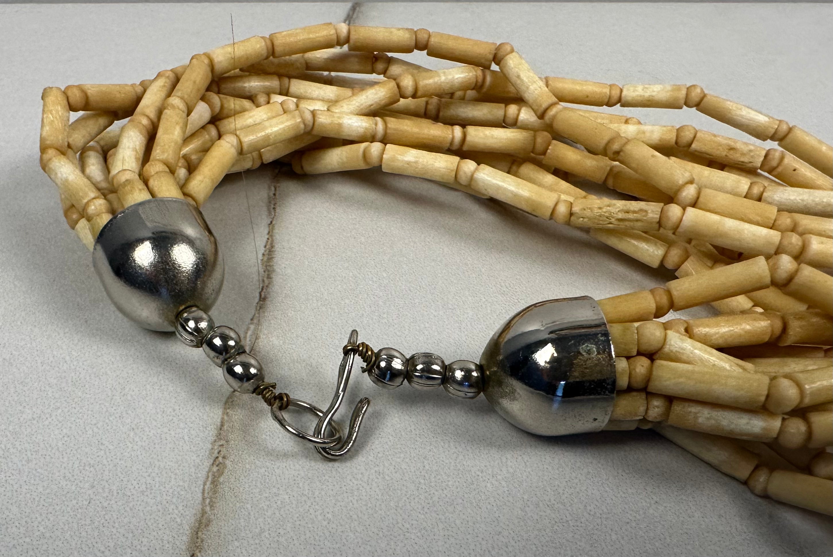 Artist Made Statement Piece Multi Strand Wood Beaded and Brass Necklace
