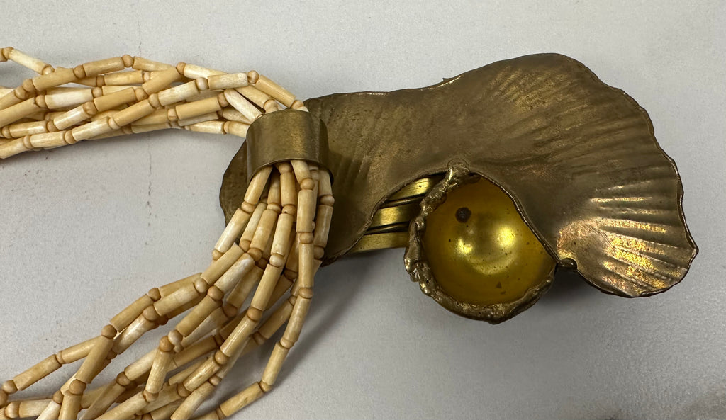 Artist Made Statement Piece Multi Strand Wood Beaded and Brass Necklace