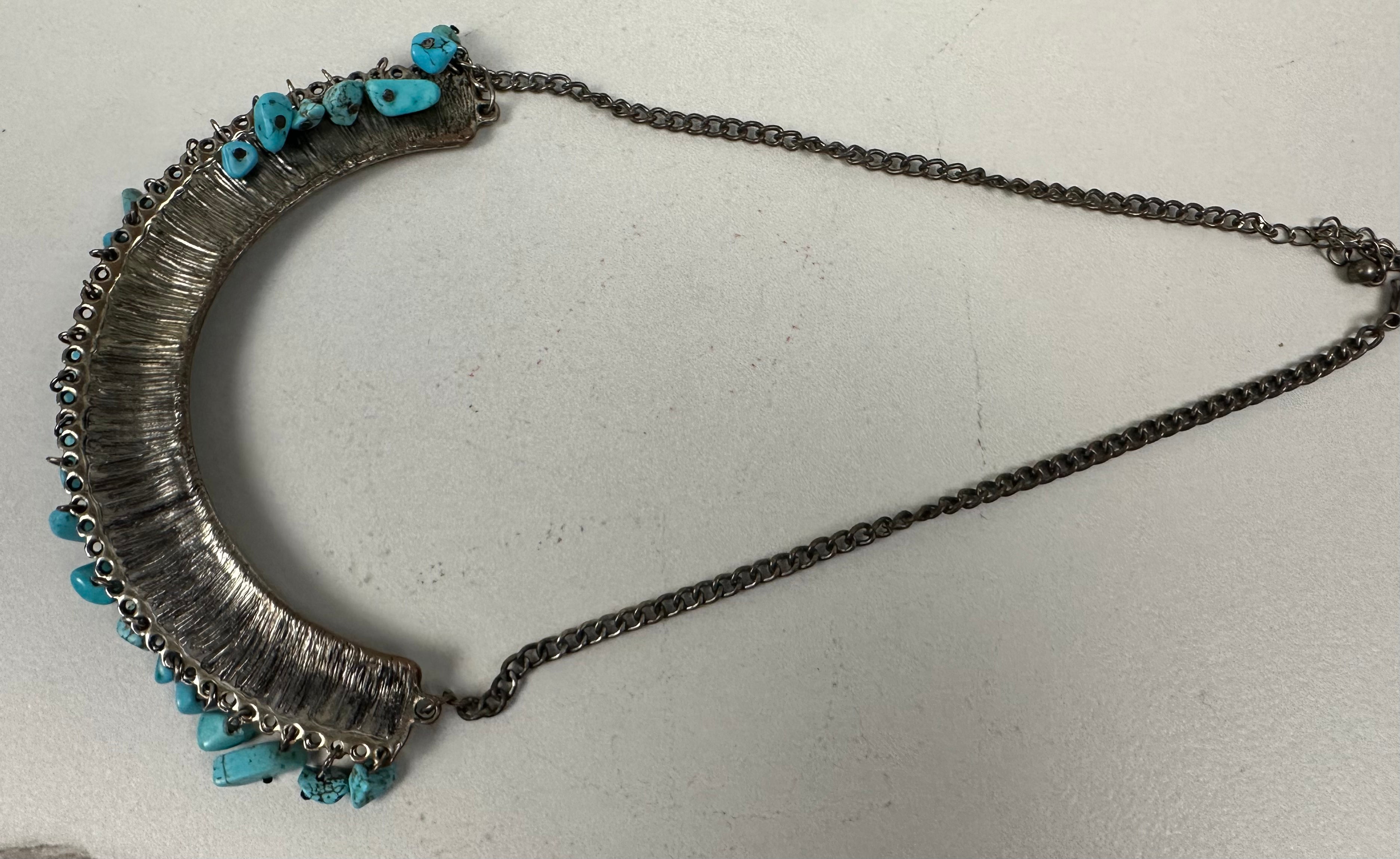 Turquoise and Silver Tone Metal Cuff Necklace