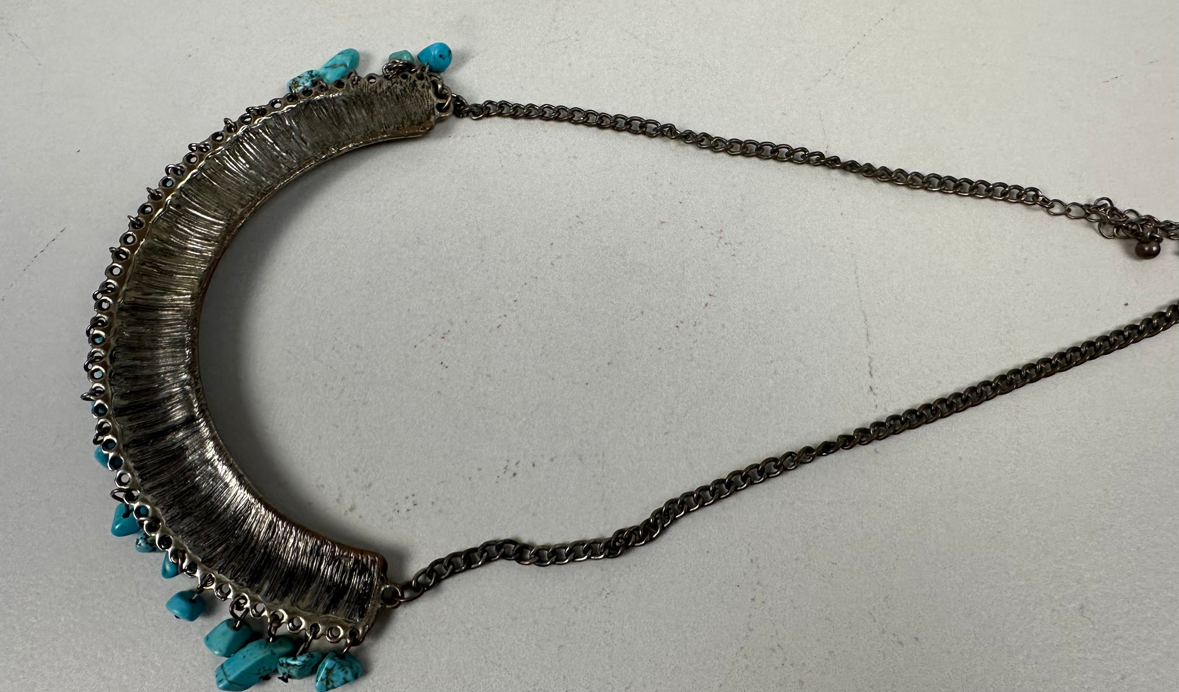 Turquoise and Silver Tone Metal Cuff Necklace