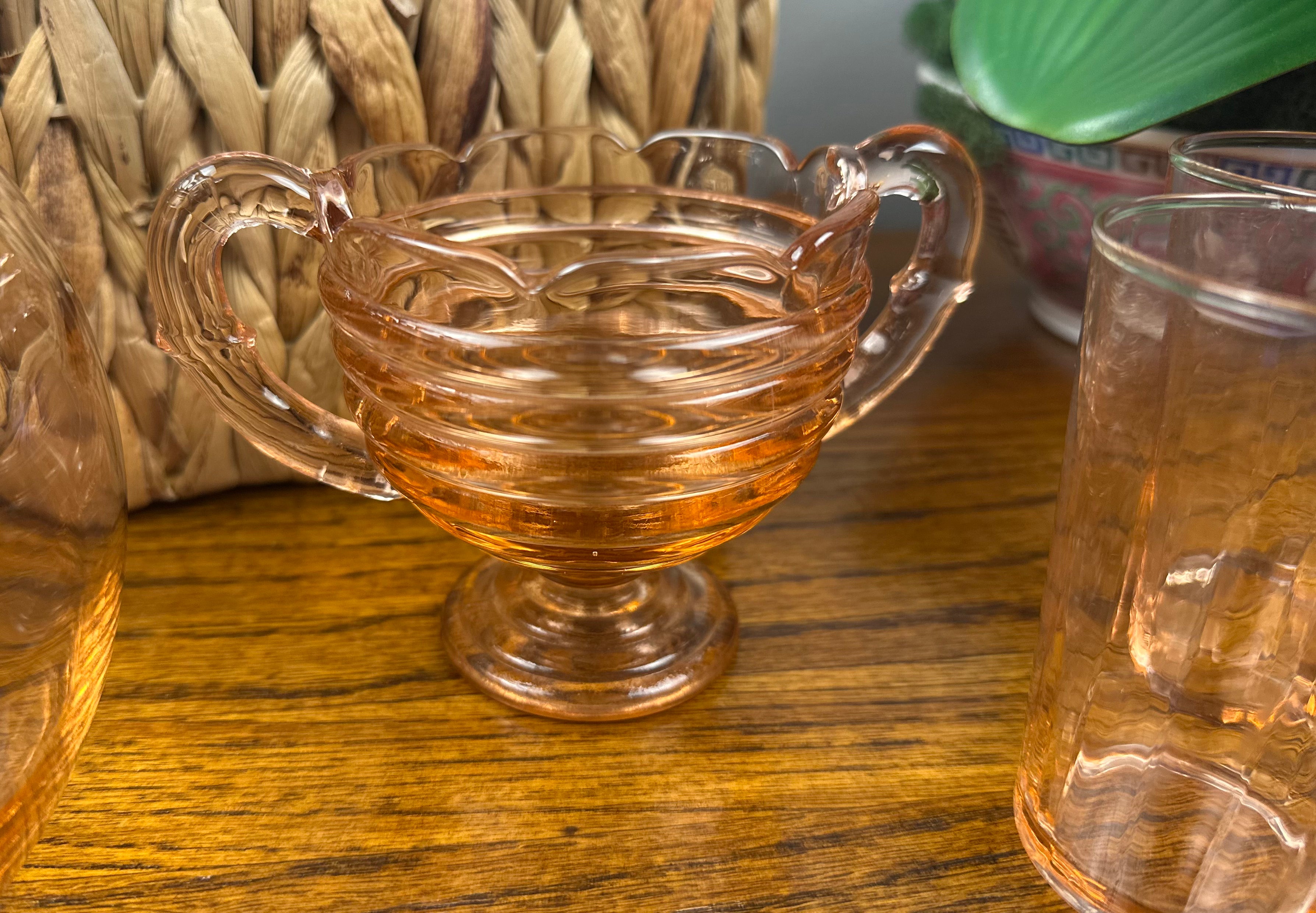 Pink Depression Glass Sugar bowl with a Pedestal Base and Handles - “Manhattan” Anchor Hocking | 1938- 1943
